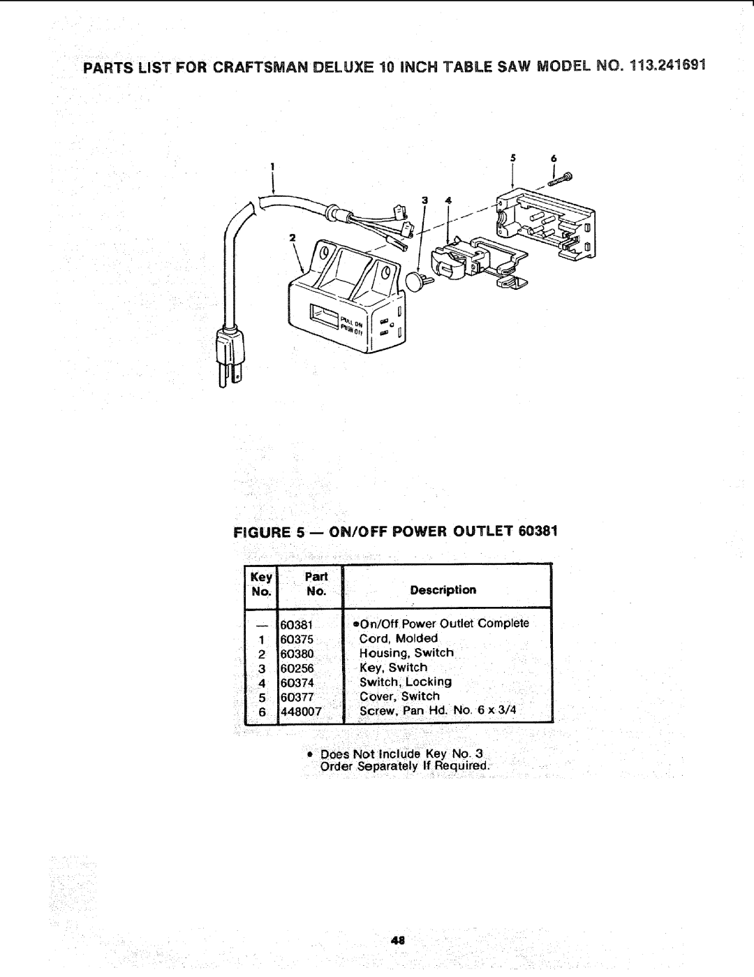 Sears 113.241591 owner manual ON/OFF Power Outlet, Does Not Include Key No Order Separately If Required 