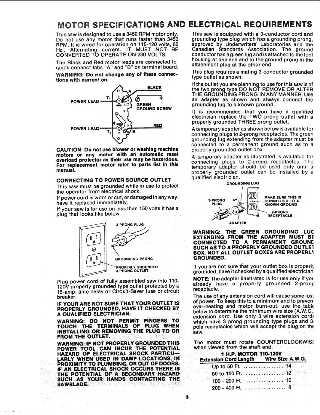 Sears 113.241591 owner manual Connecting to Power Source Outlet, 200 