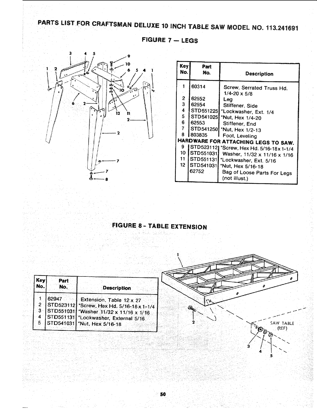 Sears 113.241591 owner manual Key Pa, Description 60314, 62552, STD551225, STD541025, 62553, STD541250, 803835 