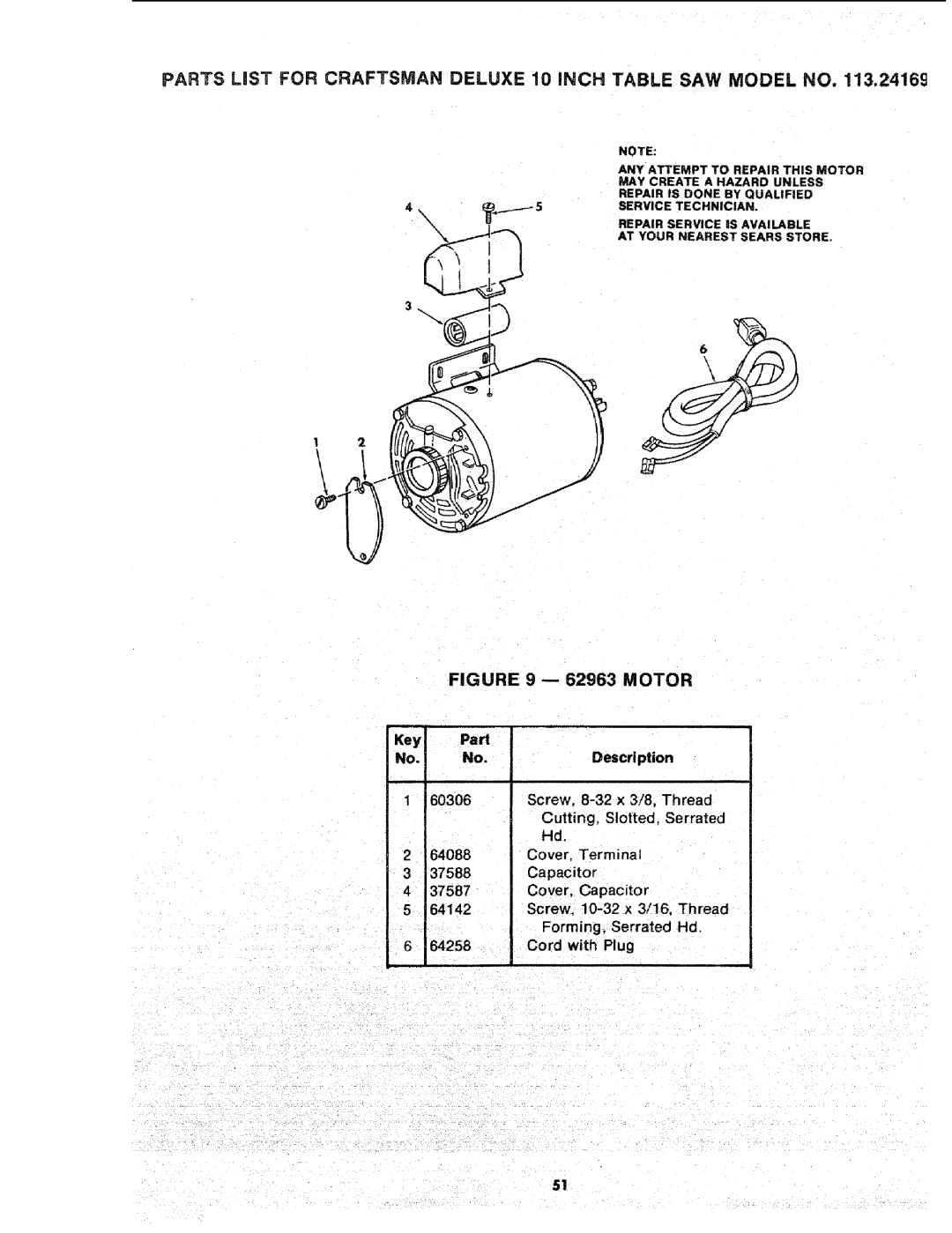 Sears 113.241591 owner manual Motor Key Part, 60306, Thread 