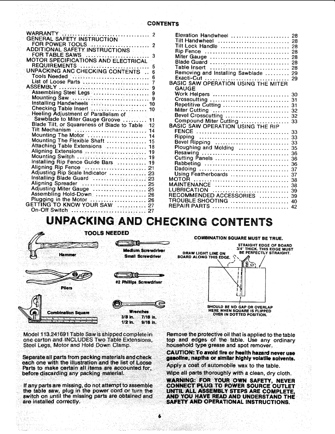 Sears 113.241591 owner manual i l, Unpacking and Checking Contents 