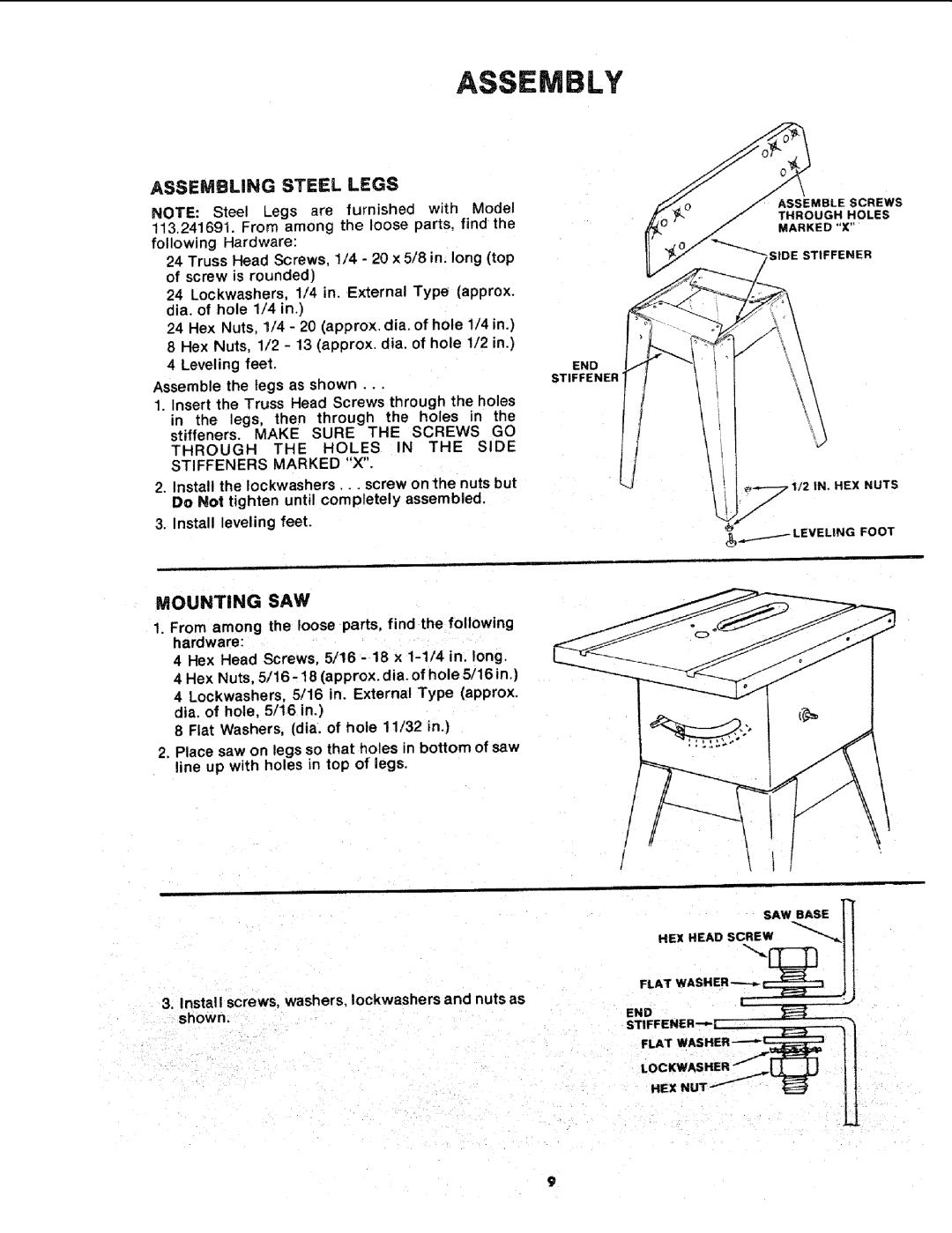 Sears 113.241591 Assembly, Assembling Steel Legs, Mounting SAW, Through the Holes in the Side Stiffeners Marked 