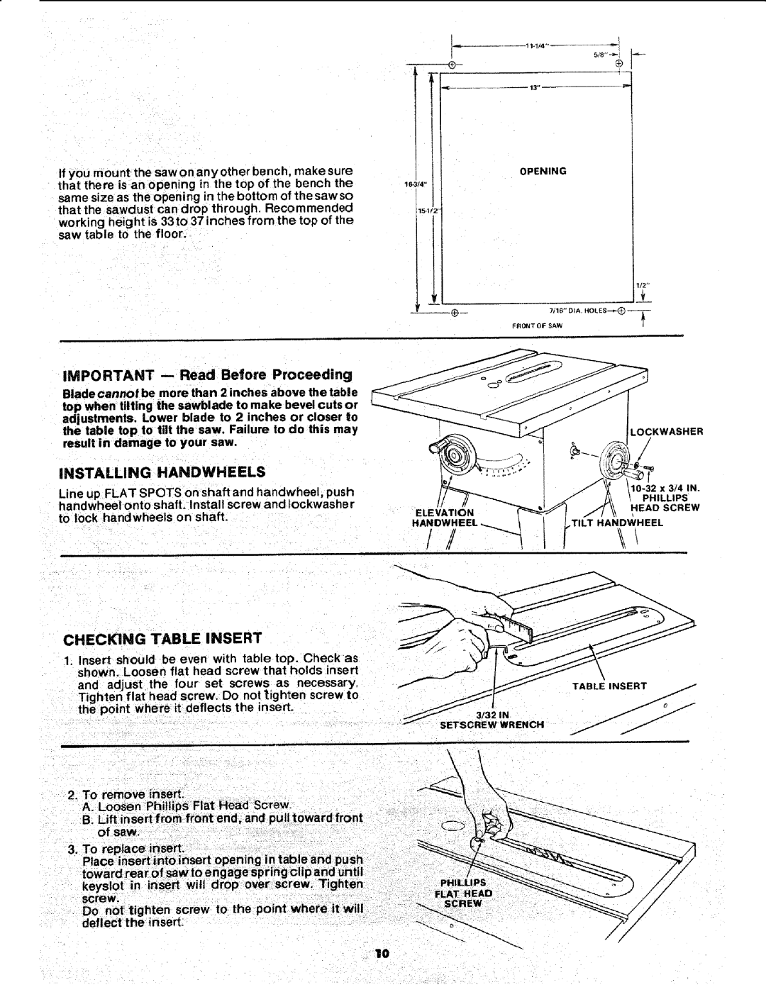 Sears 113.241591 owner manual IMPORTANT -- Read Before Proceeding, Installing Handwheels, Checking Table Ins Ert 
