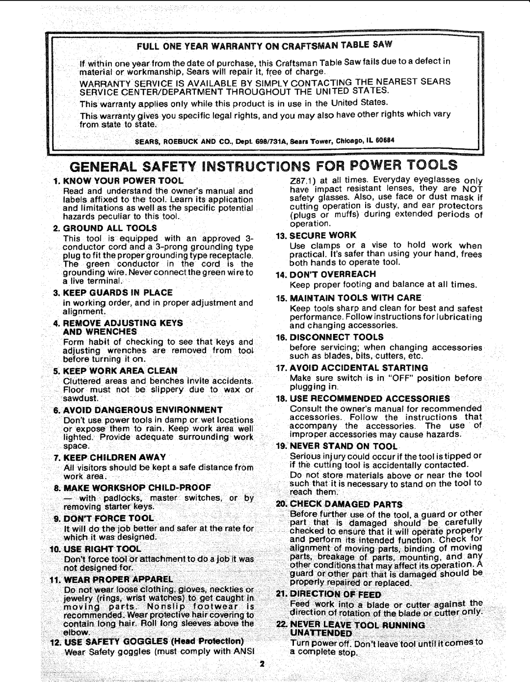 Sears 113.241591 owner manual GENERAL SAFETY iNSTRUCTIONS FOR POWER TOOLS 