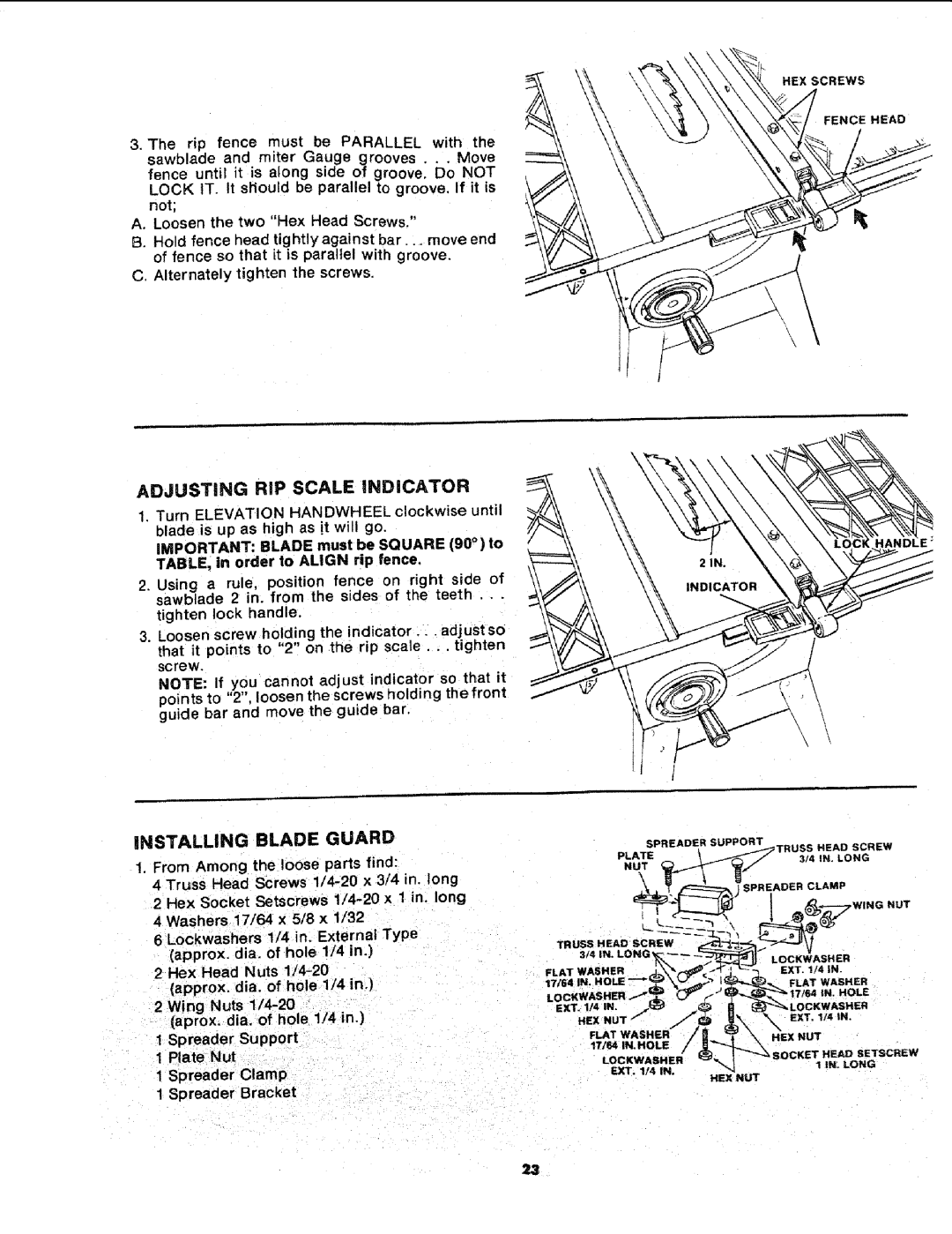 Sears 113.241591 owner manual ADJUSTING RiP SCALE iNDiCATOR, iNSTALLING BLADE GUARD 
