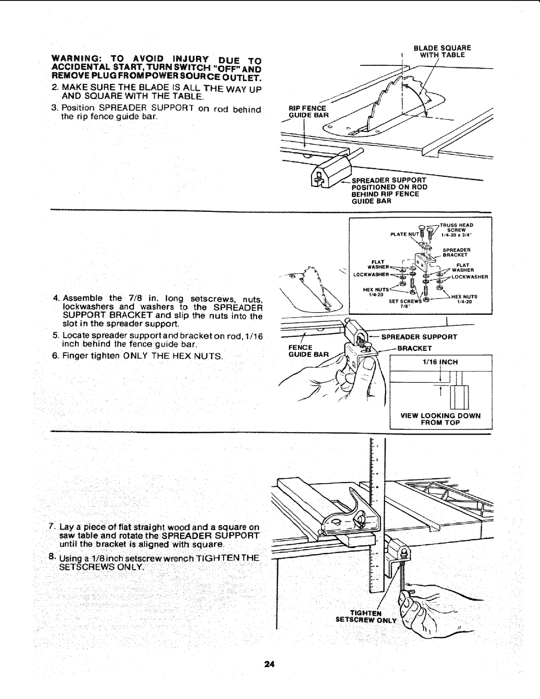 Sears 113.241591 Warning To Avoid Injury Due To Accidental Start, Turn Switch Off And, the rip fence guide bar, Bracket 