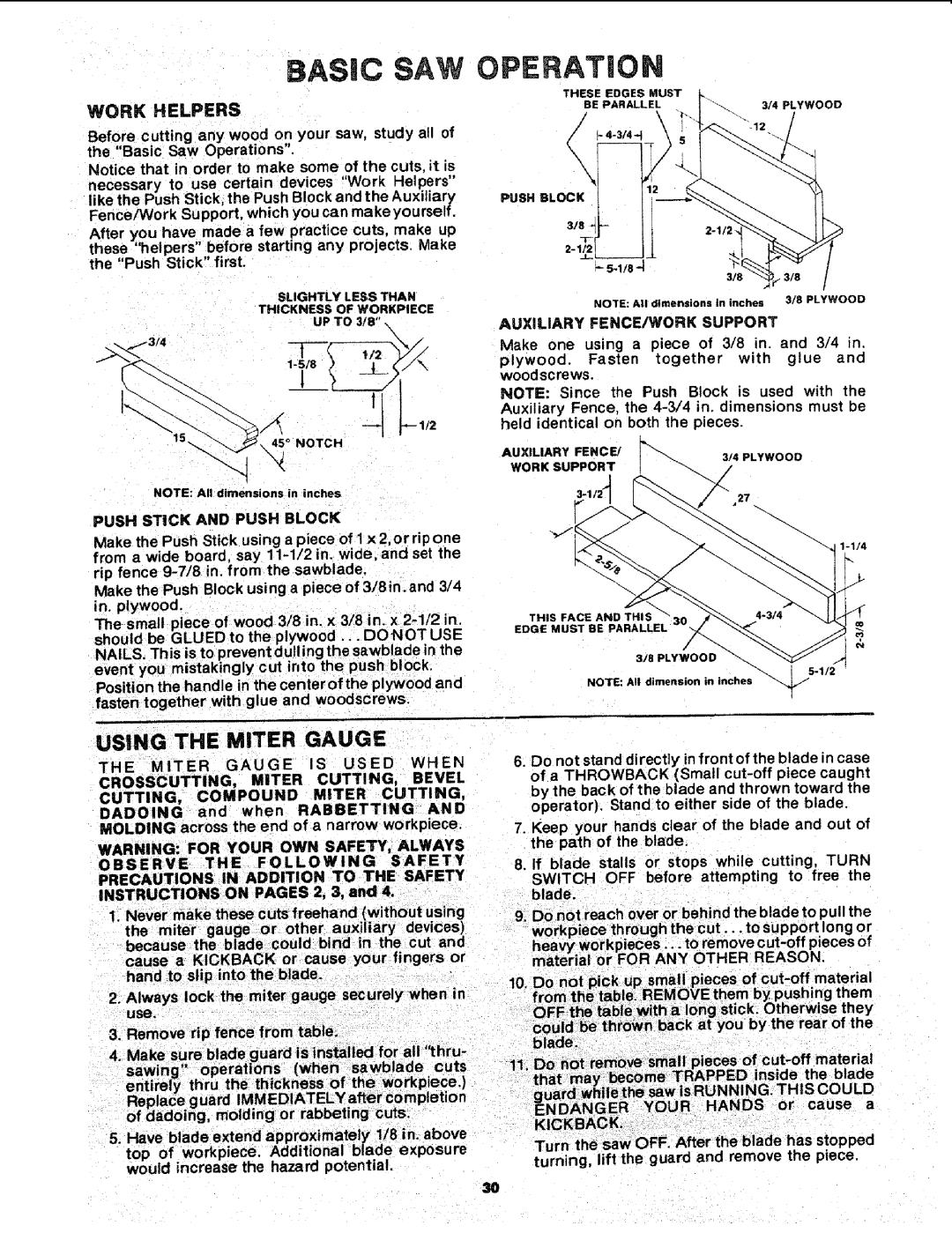 Sears 113.241591 owner manual Basic Saw, Operation, Using The Miter Gauge, Work Helpers 