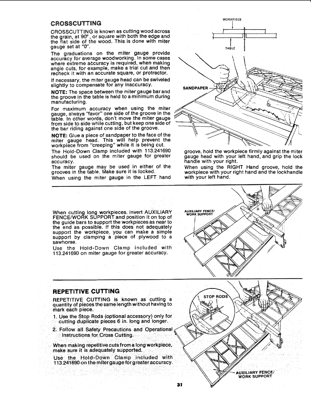 Sears 113.241591 owner manual Crosscutting, REPETiTiVE CUTTING 