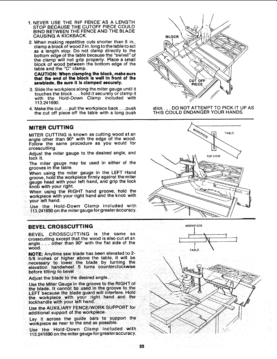 Sears 113.241591 owner manual Miter Cutting 