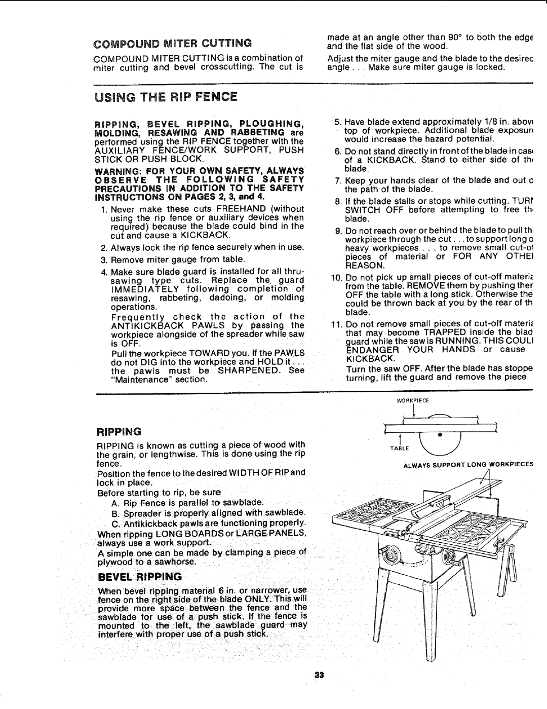 Sears 113.241591 owner manual USING THE RmPFENCE, Compound Moter Cutting, RiPPiNG, Bevel Ripping 