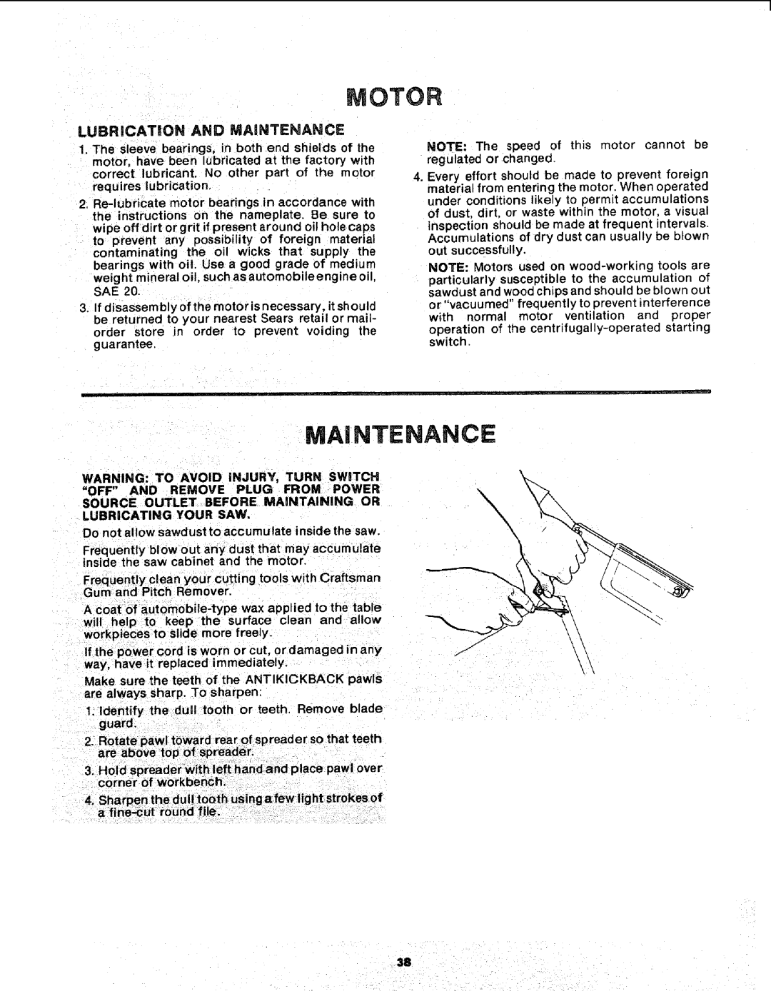 Sears 113.241591 owner manual Motor, Maintenance, LUBRICATmON AND MAINTENANCE 