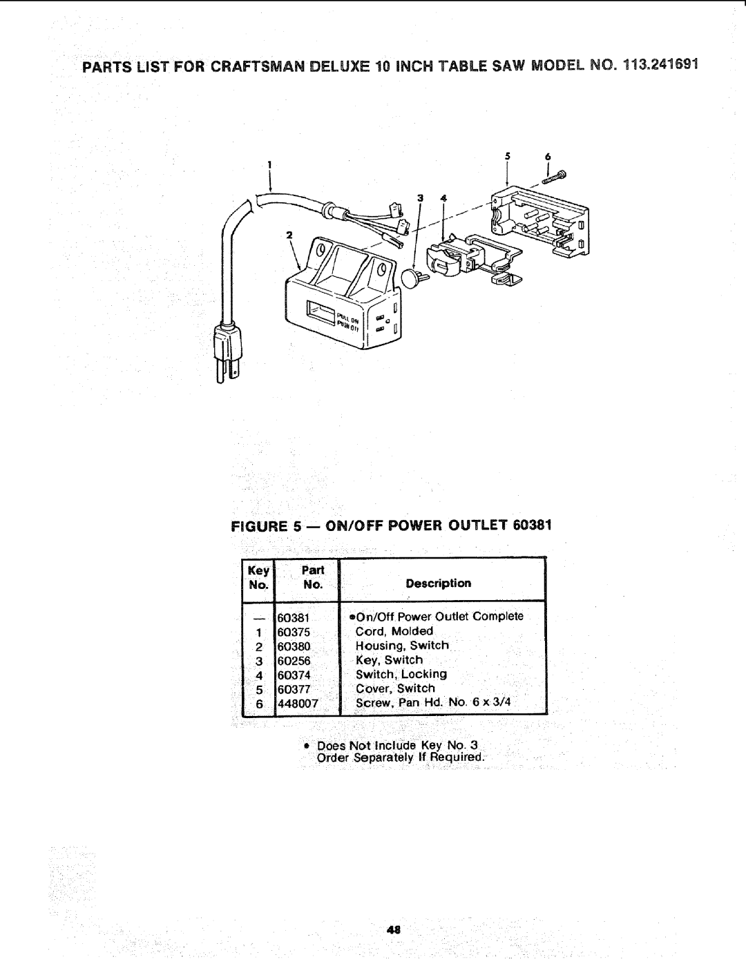 Sears 113.241591 owner manual On/Off Power Outlet, 6 x 3/4 