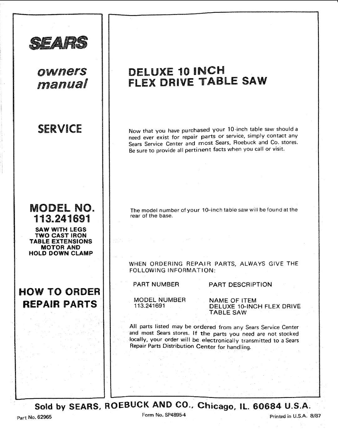 Sears 113.241591 owner manual Service, 113.241691, DELUXE 10 iNCH FLEX DRIVE TABLE SAW, Model No, How To Order Repair Parts 