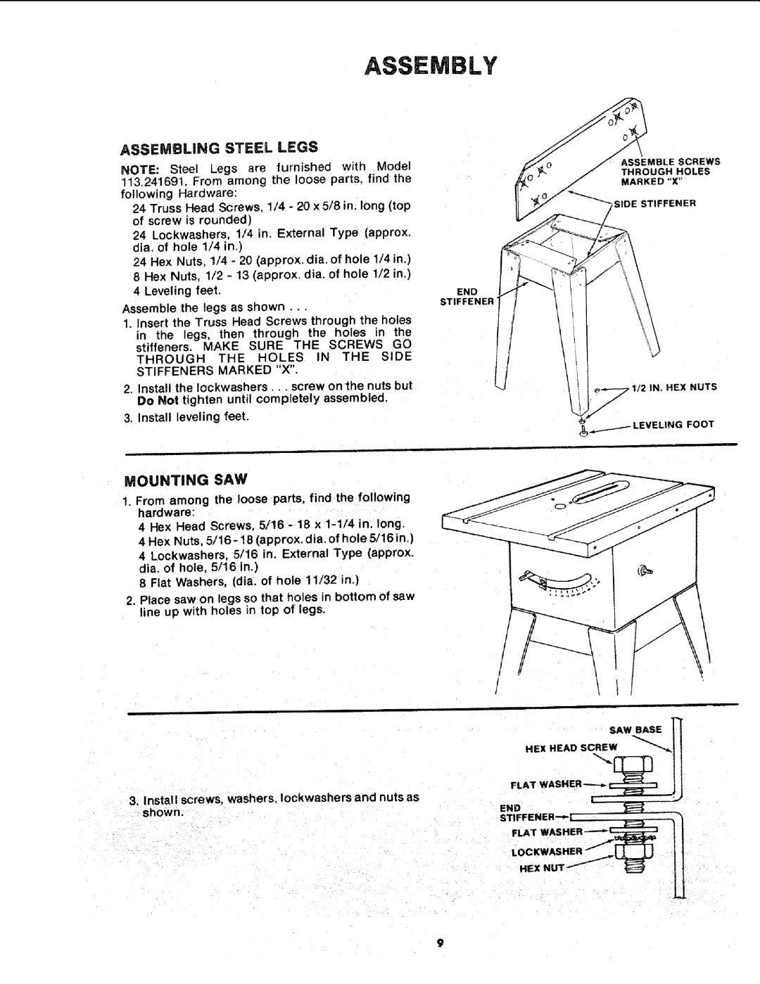 Sears 113.241591 owner manual Assembly, Assembling Steel Legs, Mounting Saw 
