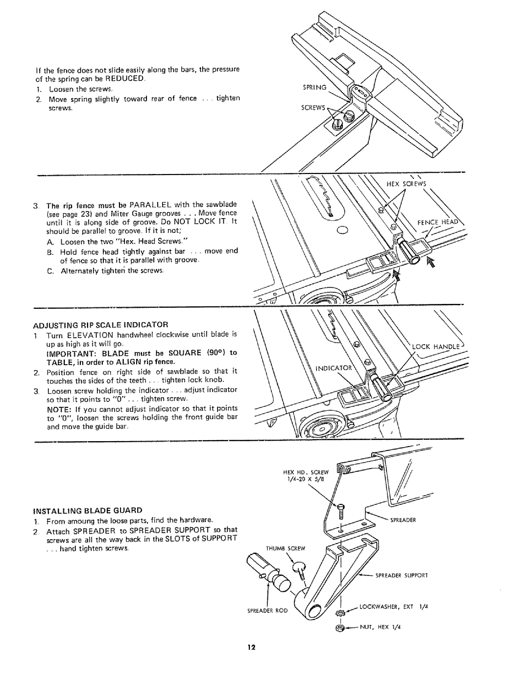 Sears 113242502 owner manual Adjusting RIP Scale Indicator, Adlust Indicator, Installing Blade Guard, Lock Handle 