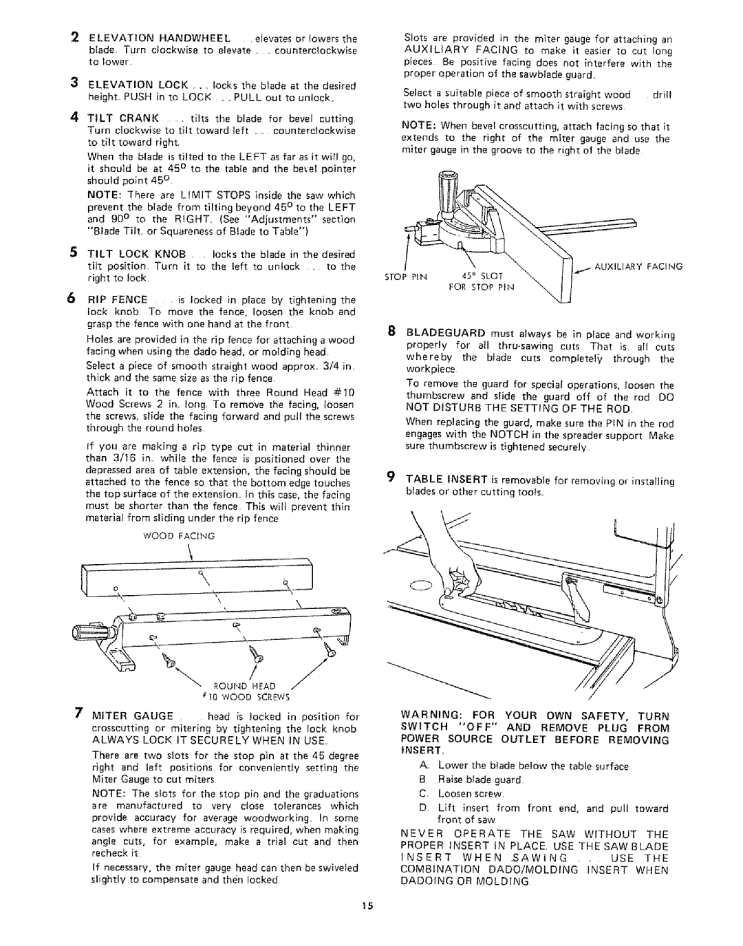 Sears 113242502 owner manual Right, Tilt Lock Knob, Wood Facing, Always Lock IT Securely When in USE, Stop PIN 45 Slot 