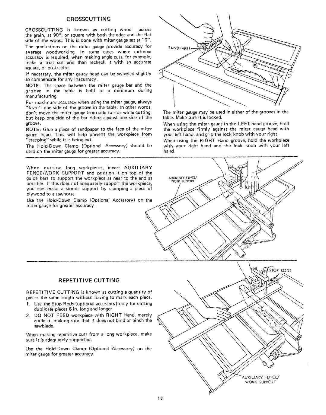 Sears 113242502 owner manual Crosscutting, Repetitive Cutting, Stop Rods 