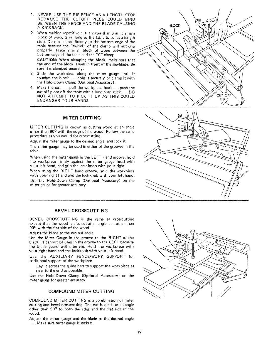 Sears 113242502 owner manual Bevel Crosscutting, Compound Miter Cutting, Piec 