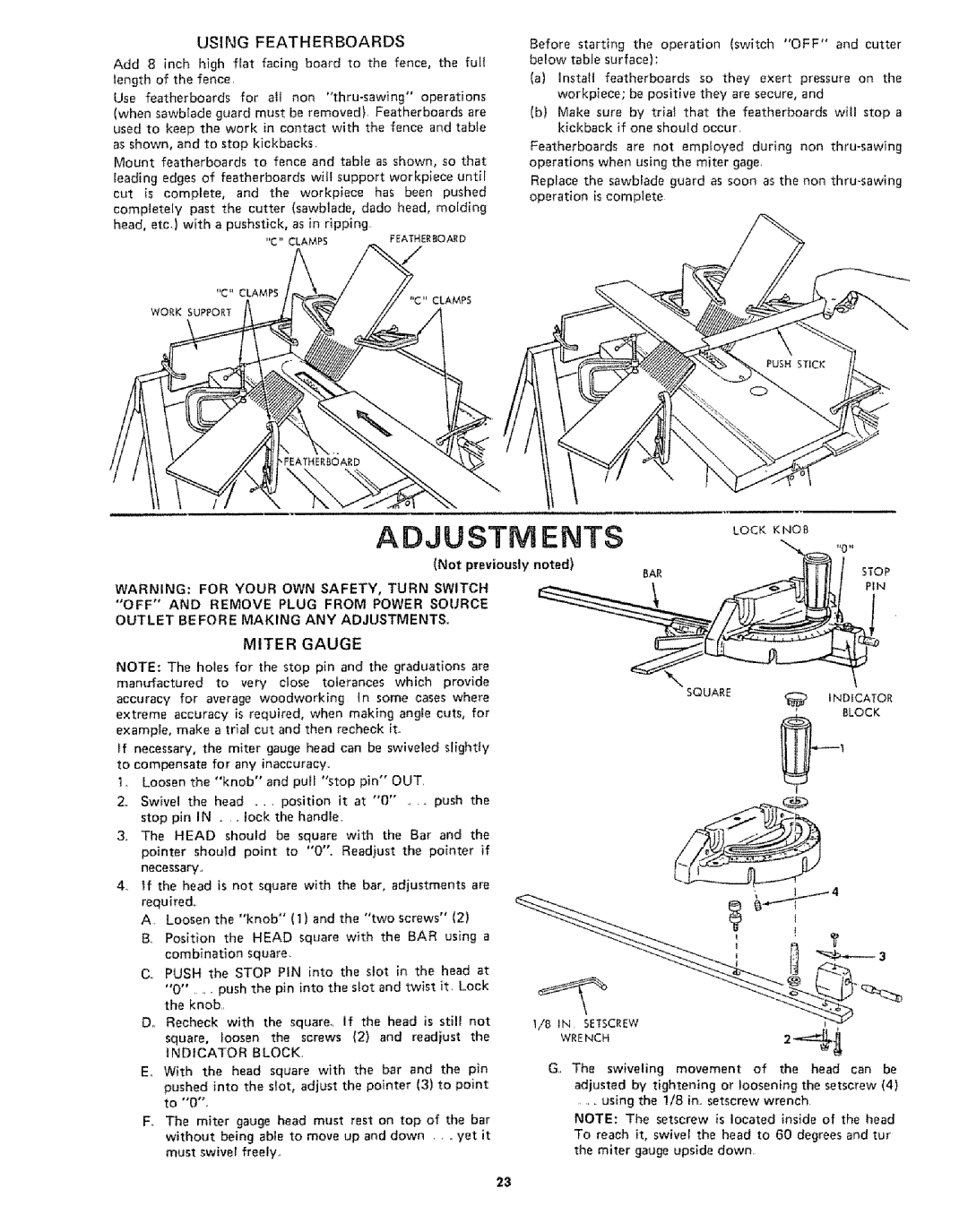 Sears 113242502 owner manual Using Featherboards, Miter Gauge, Indicator Block Wrench, Swiveling 