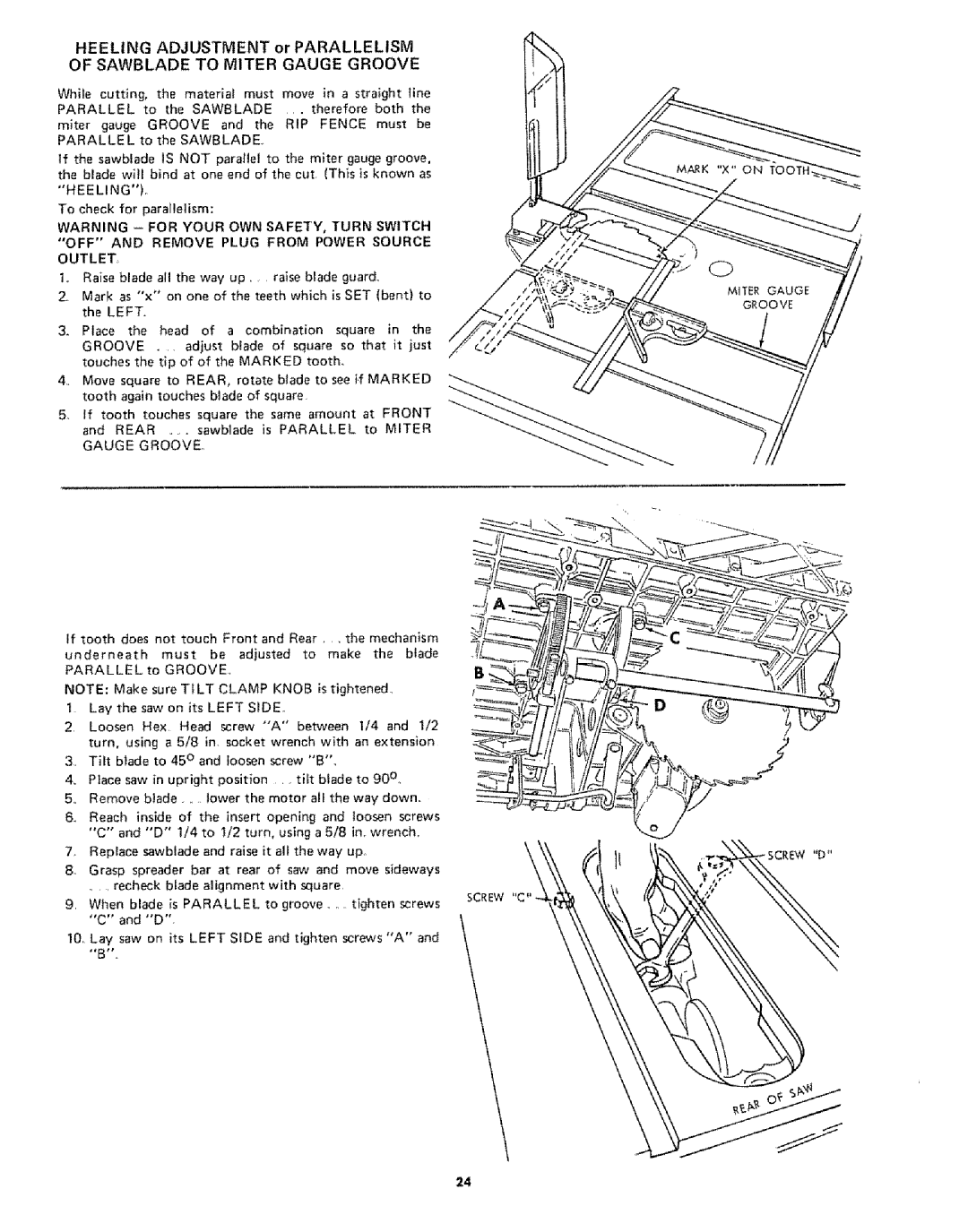 Sears 113242502 owner manual Heeling, OFF and Remove Plug from Power Source Outlet, Groove, Marked, Screw C 