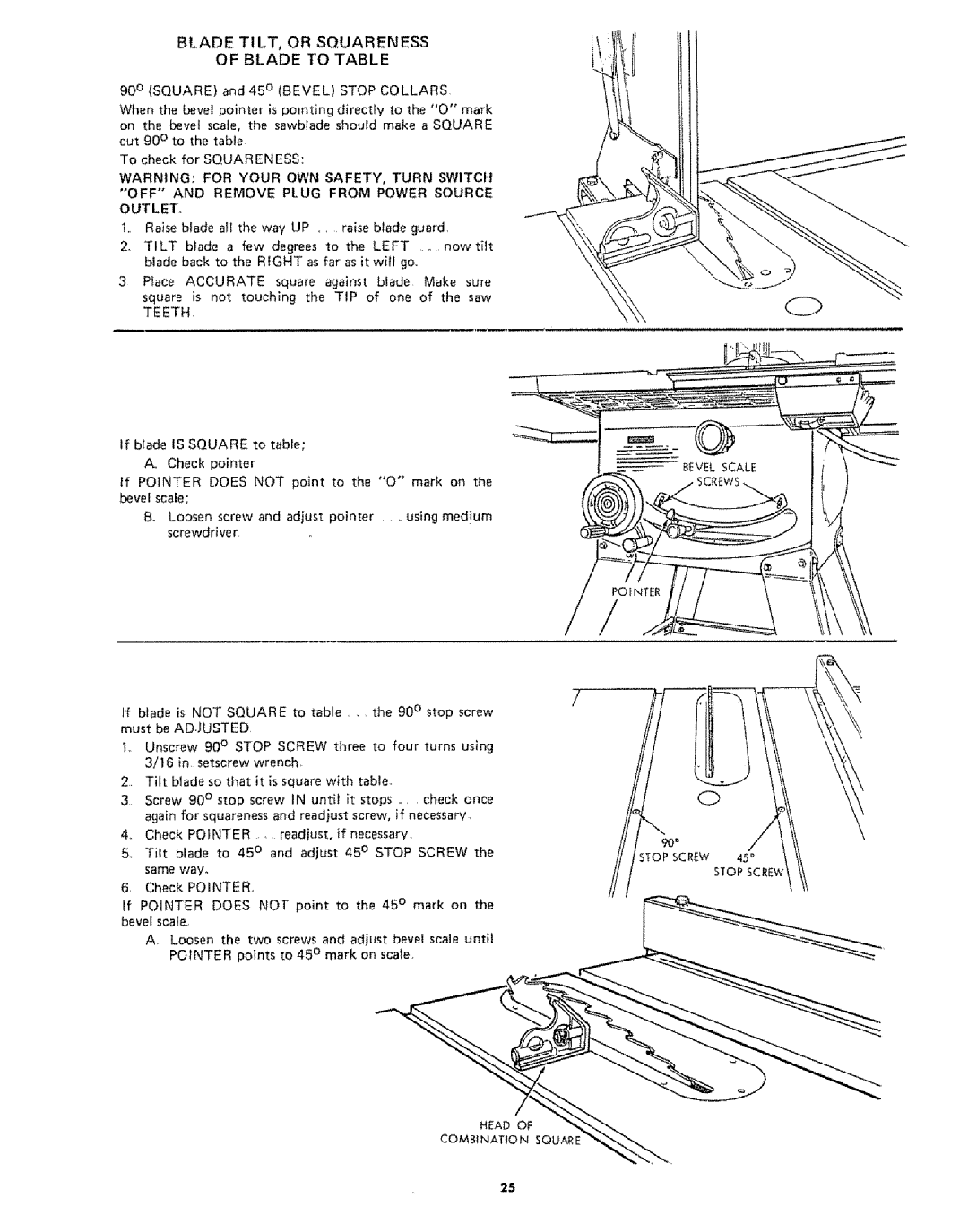 Sears 113242502 owner manual Blade TILT, or Squareness Blade to Table, Teeth, Head Combination Square, TOP Screw Stop Screv 