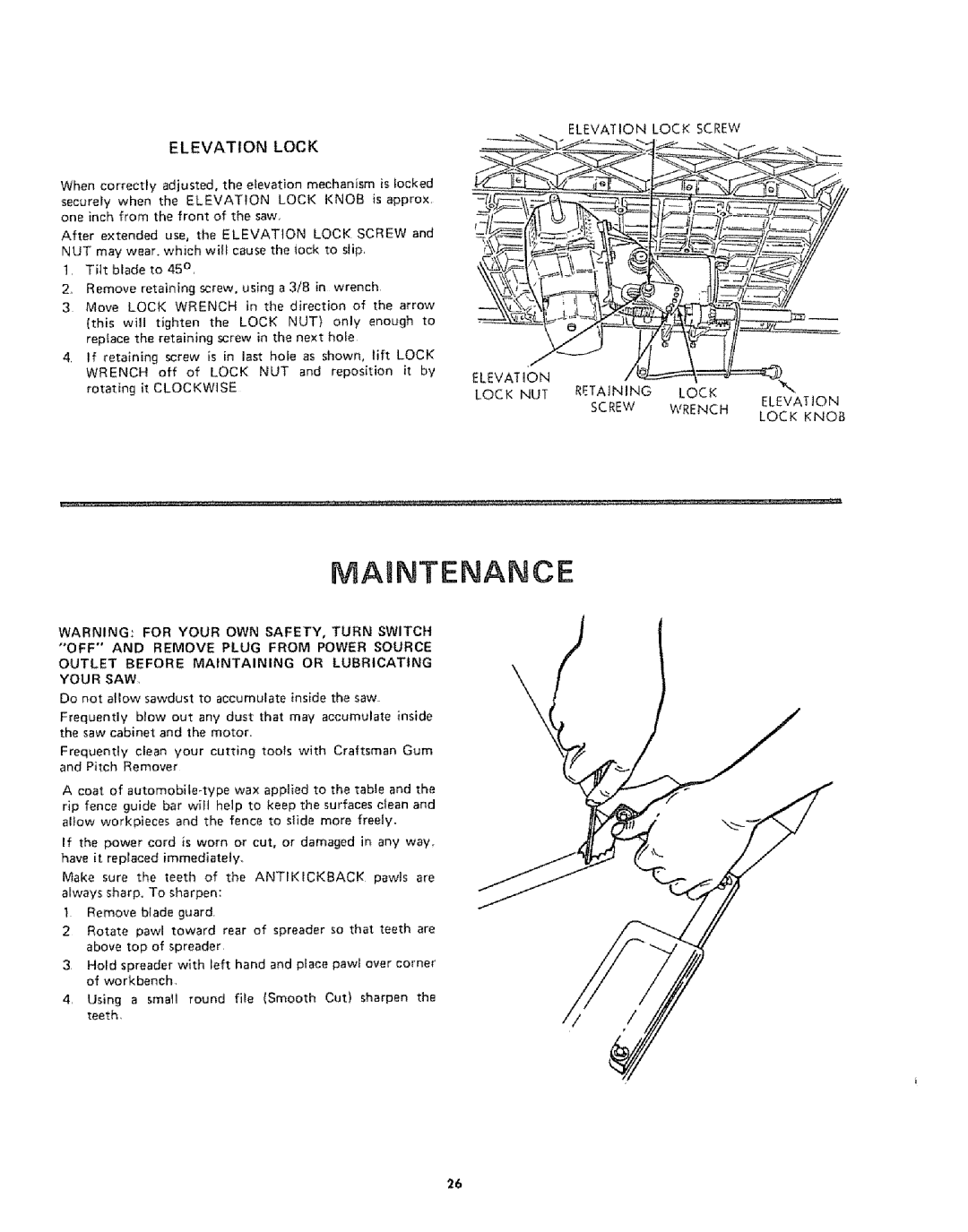 Sears 113242502 owner manual Elevation Lock Screw Lock NUT Screw Wrench Lock Knob 