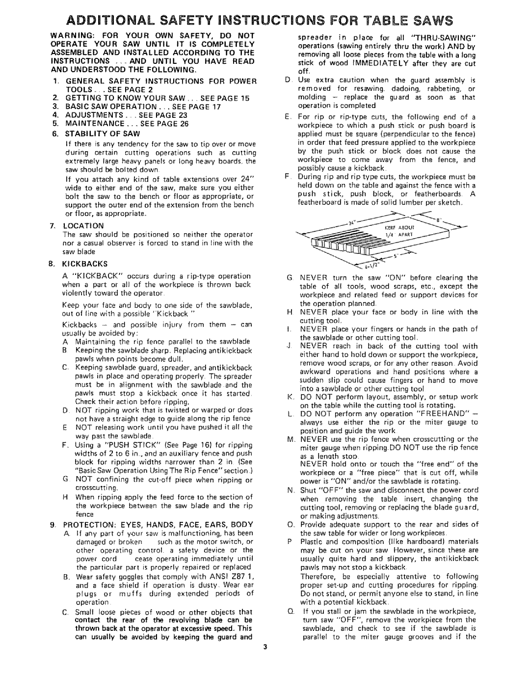 Sears 113242502 owner manual 8o Kickbacks, Adjustments ..... see, Stability of SAW 