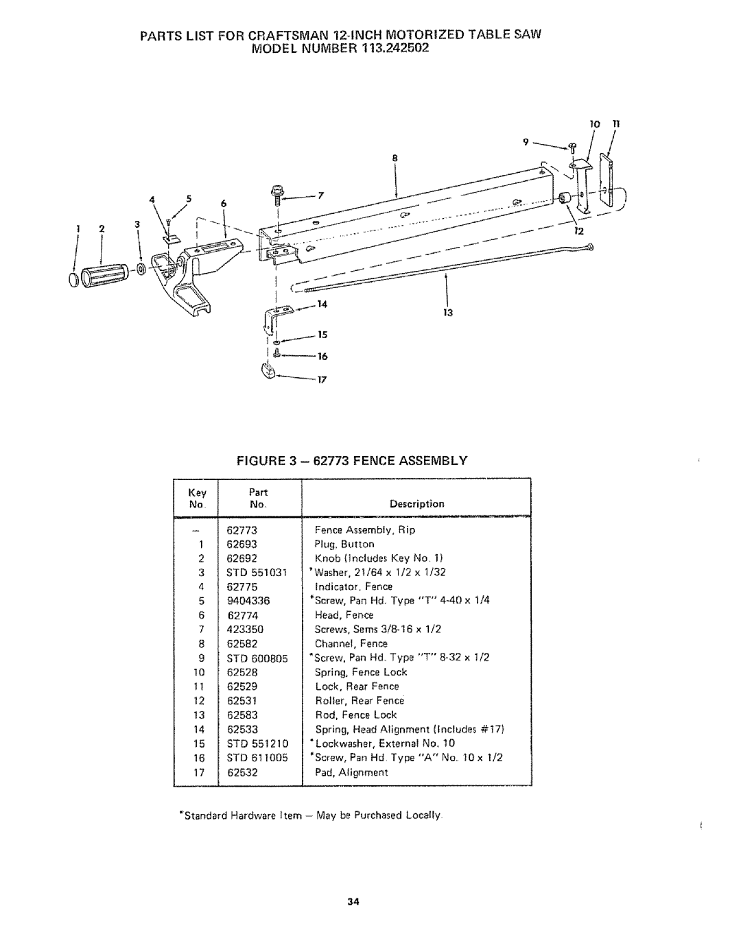 Sears 113242502 owner manual Parts List for Craftsman 12-INCH Motorized Table SAW, Key 