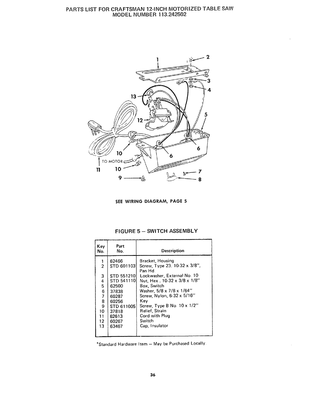 Sears 113242502 owner manual Switch Assembly, See Wiring DIAGRAM 