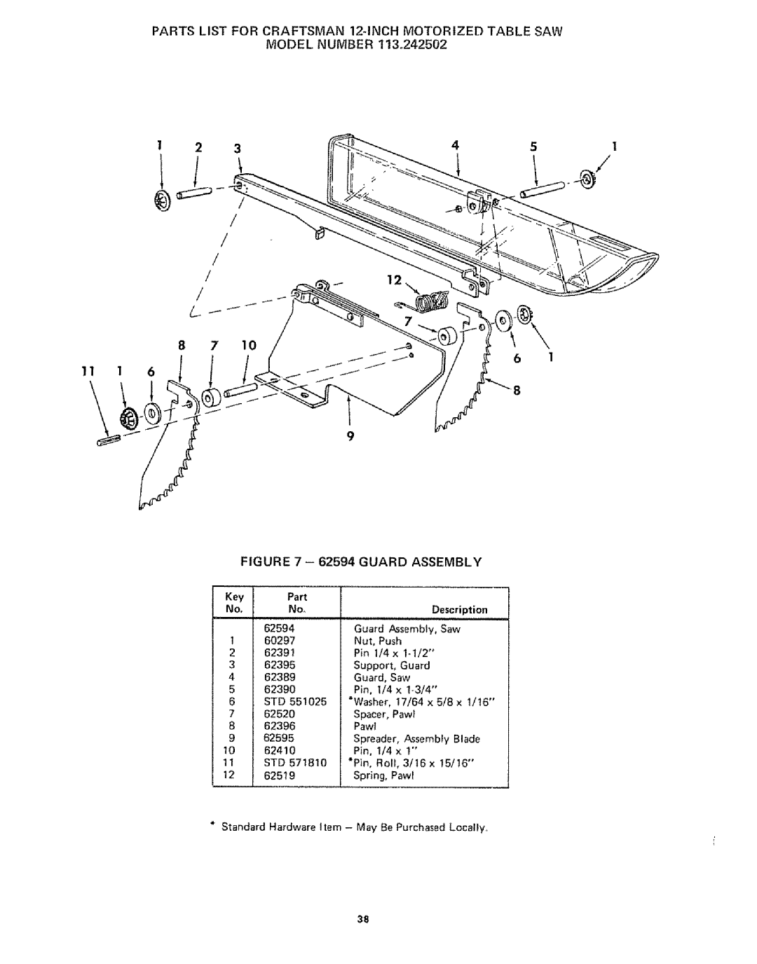 Sears 113242502 owner manual Guard Assembly, Description 