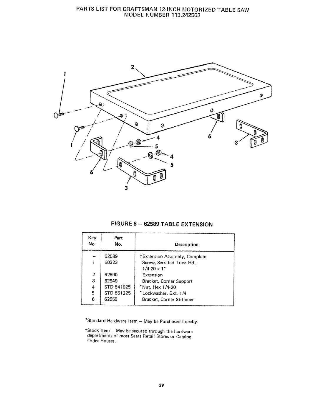 Sears 113242502 owner manual Parts List for Craftsman 12-INCH Iiotorized Table SAW, 62589 60323, Extension 