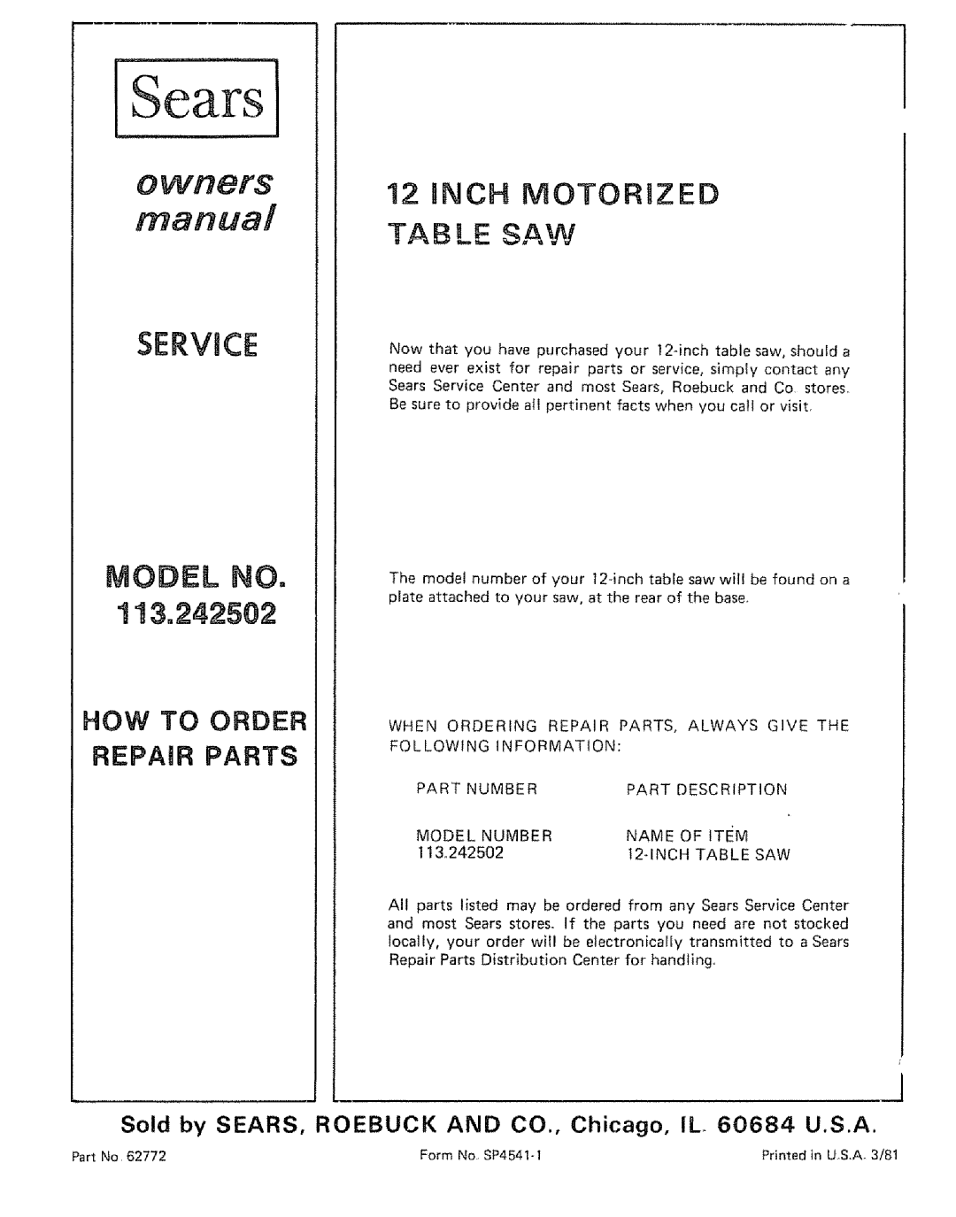 Sears 113242502 owner manual Service, Inch Table SAW 