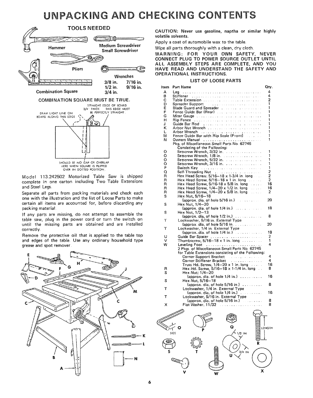 Sears 113242502 owner manual Unpacking and Checking Contents 