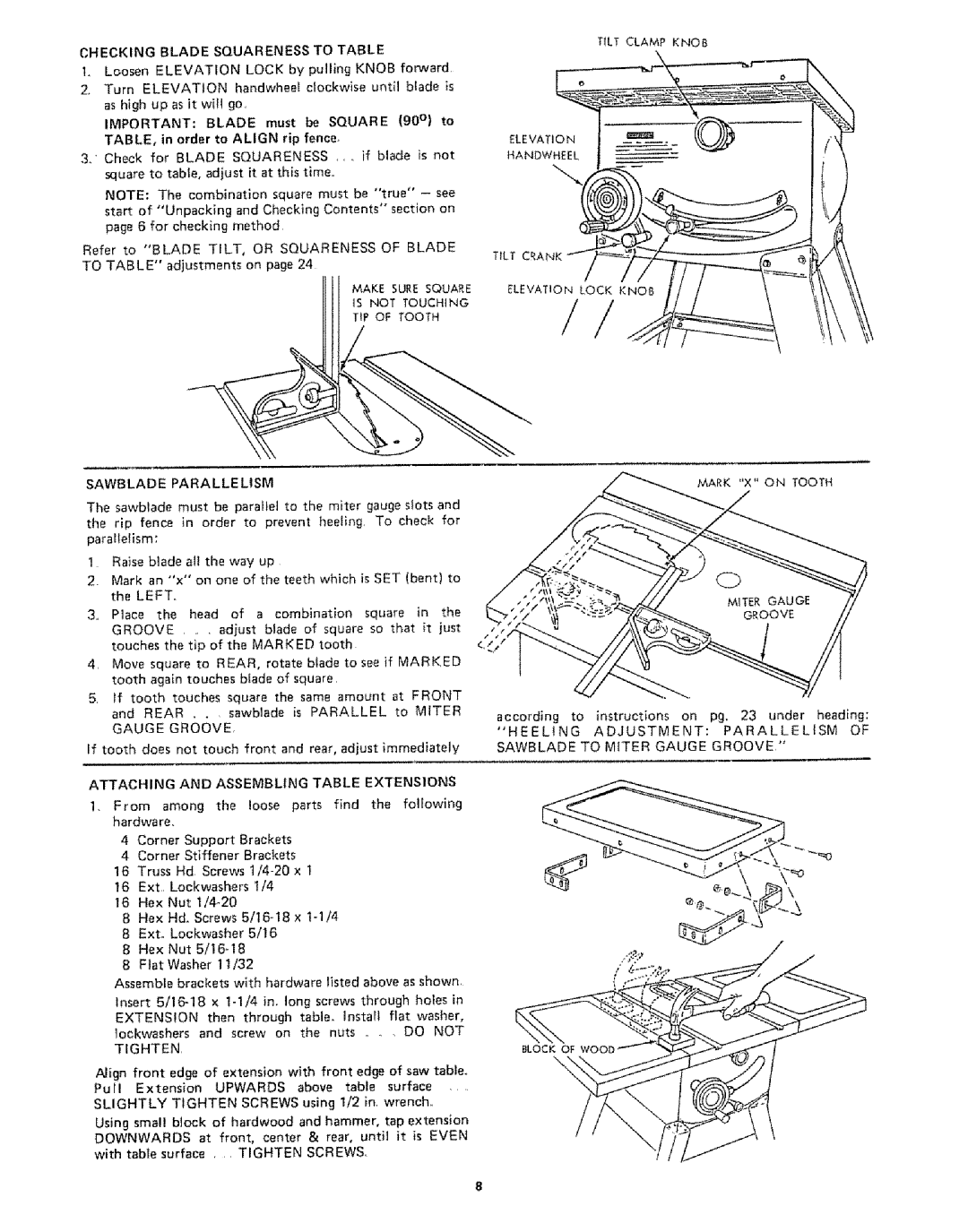 Sears 113242502 owner manual Blade Squareness, Loosen, Lock 