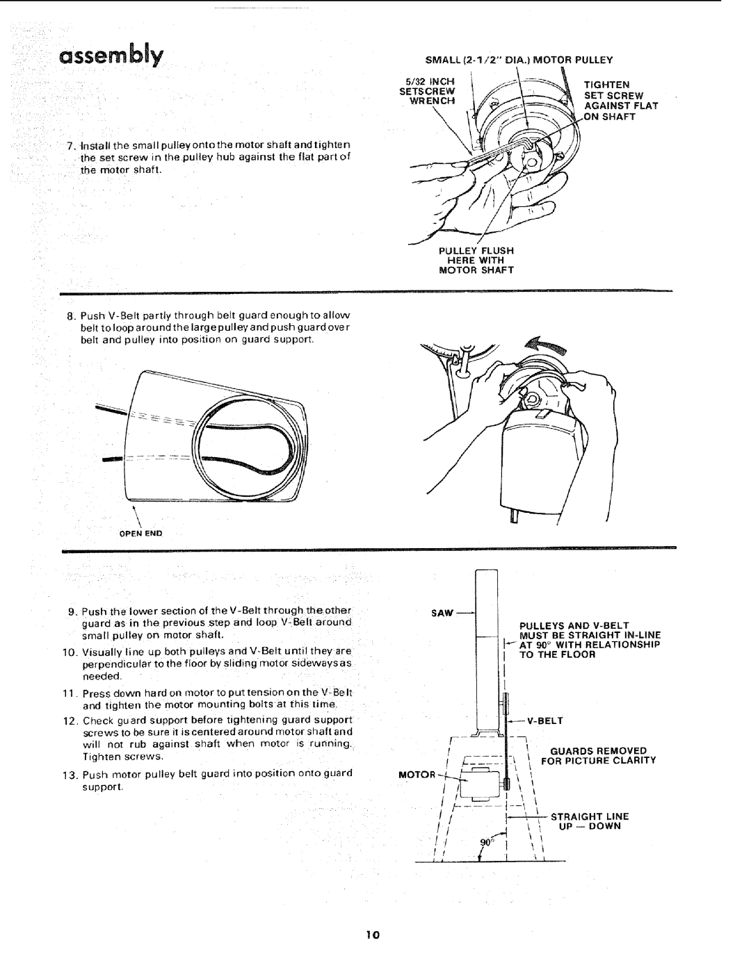 Sears 113.2433 manual Small 2-9/2 DIA, Motor Pulley, Setscrew, Wrench, Pulley Flush, Motor Shaft, Guards Removed 