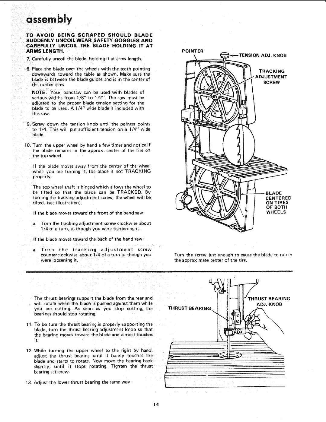 Sears 113.2433 manual Arms Length, Screw, Pointer, Blade Centered On Tires Both Wheels, Thrust Bearing ADJ. Knob 