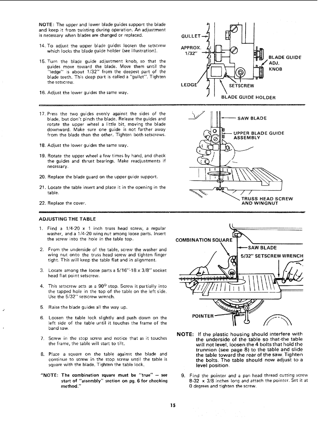 Sears 113.2433 Knob, Adjusting the Table, Start of assembly section on pg for checking method, Approx, Blade Guide Holder 