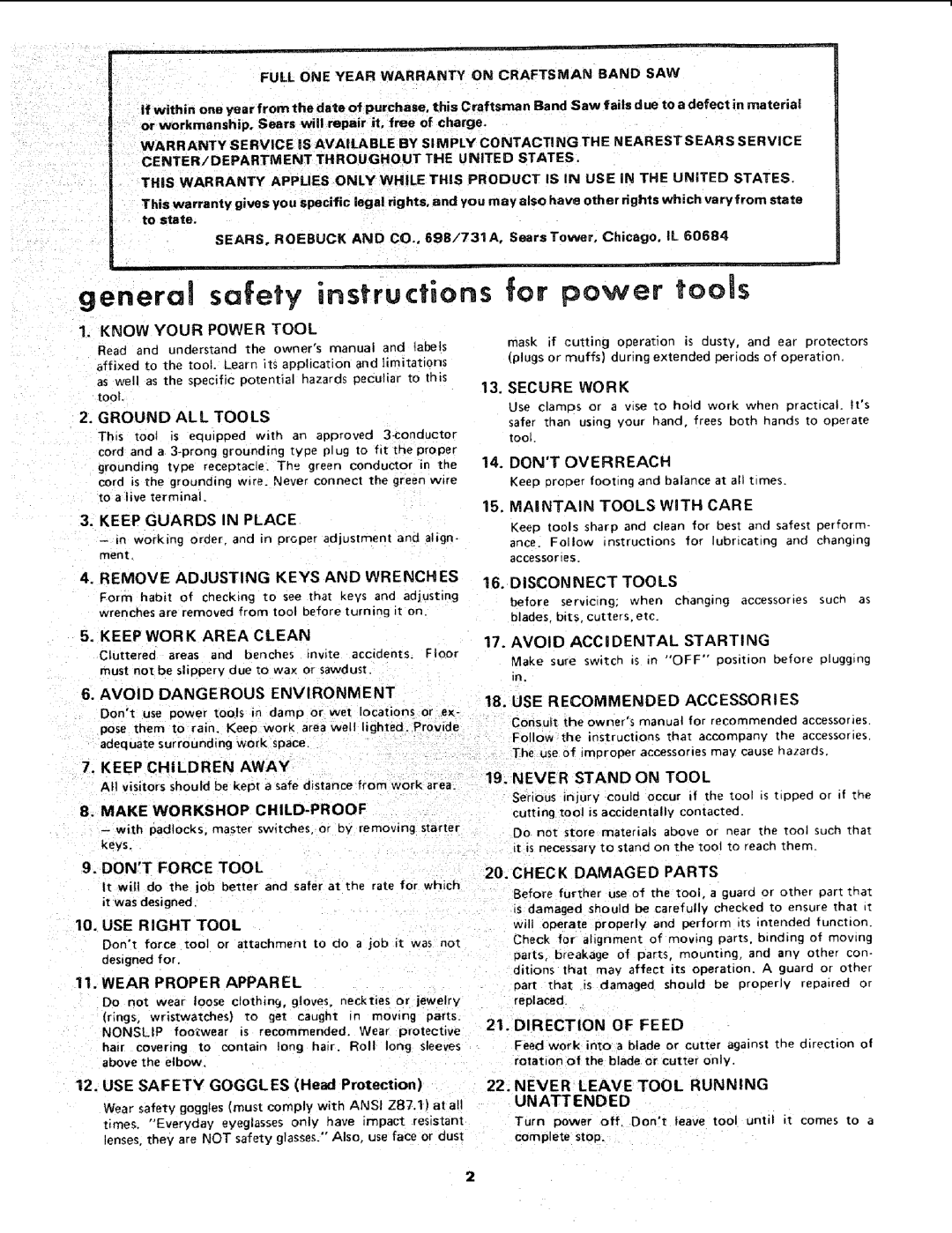 Sears 113.2433 manual Know Your Power Tool, Keep Guards in Place, Avoid Dangerous Environment, Keep Children Away 