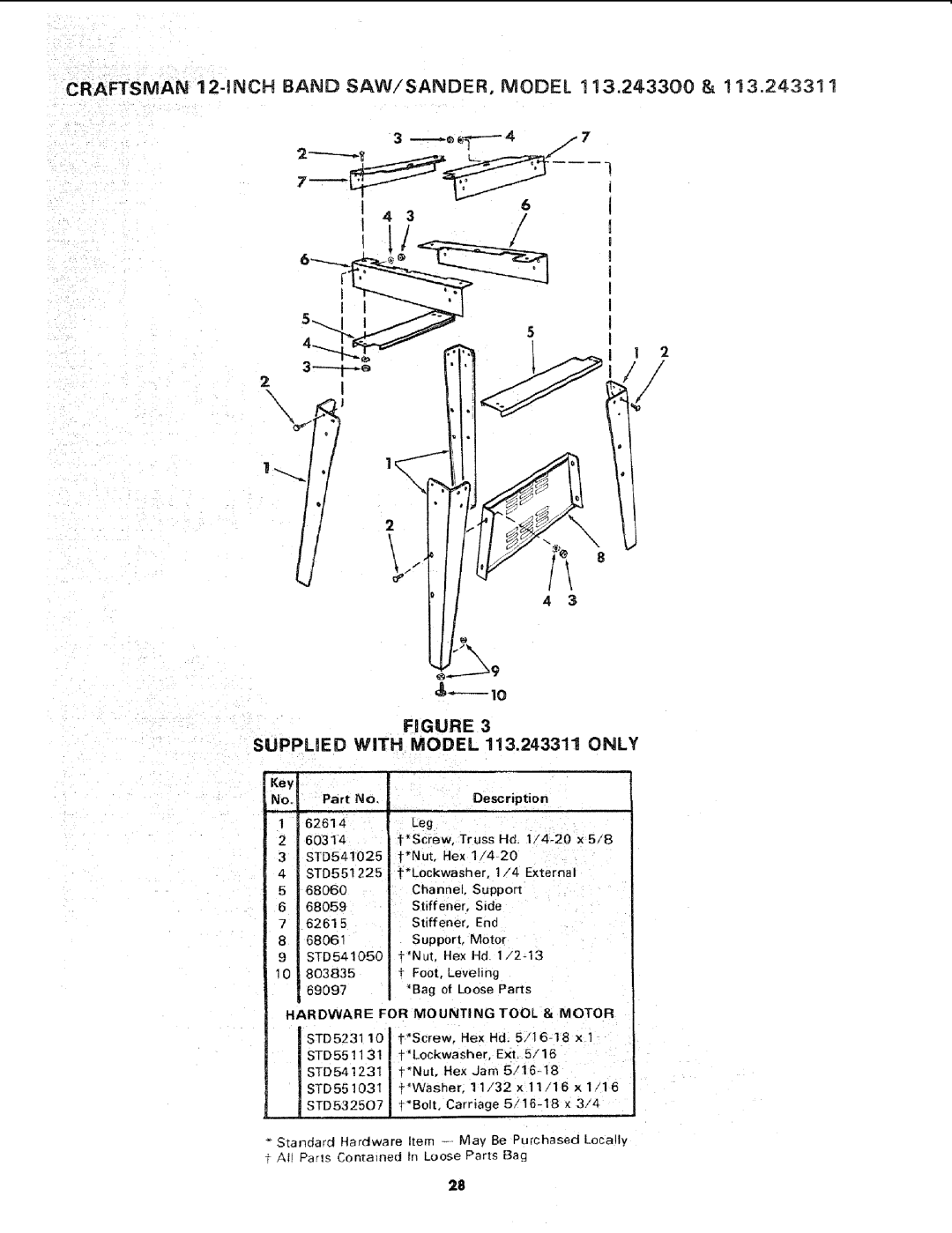 Sears manual Suppued WiTH Model 113.243311 only, Hardware for Mounting Tool & Motor 