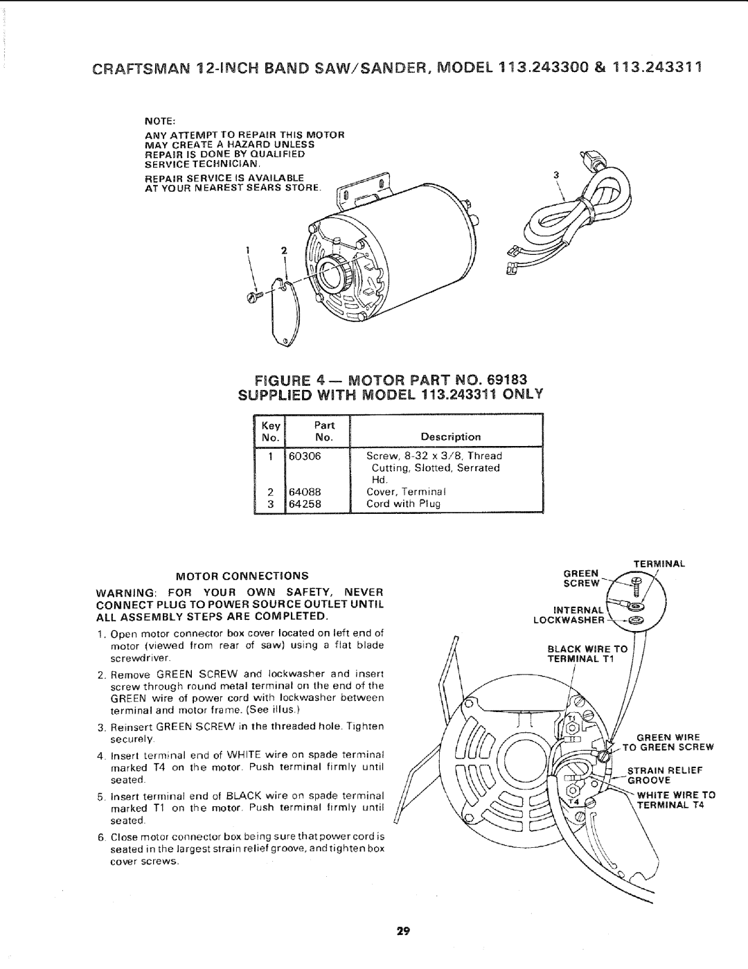 Sears manual Supplied WiTH Model 113.243311 only, Thread, Motor Connections, Strain Relief, Terminal T4 