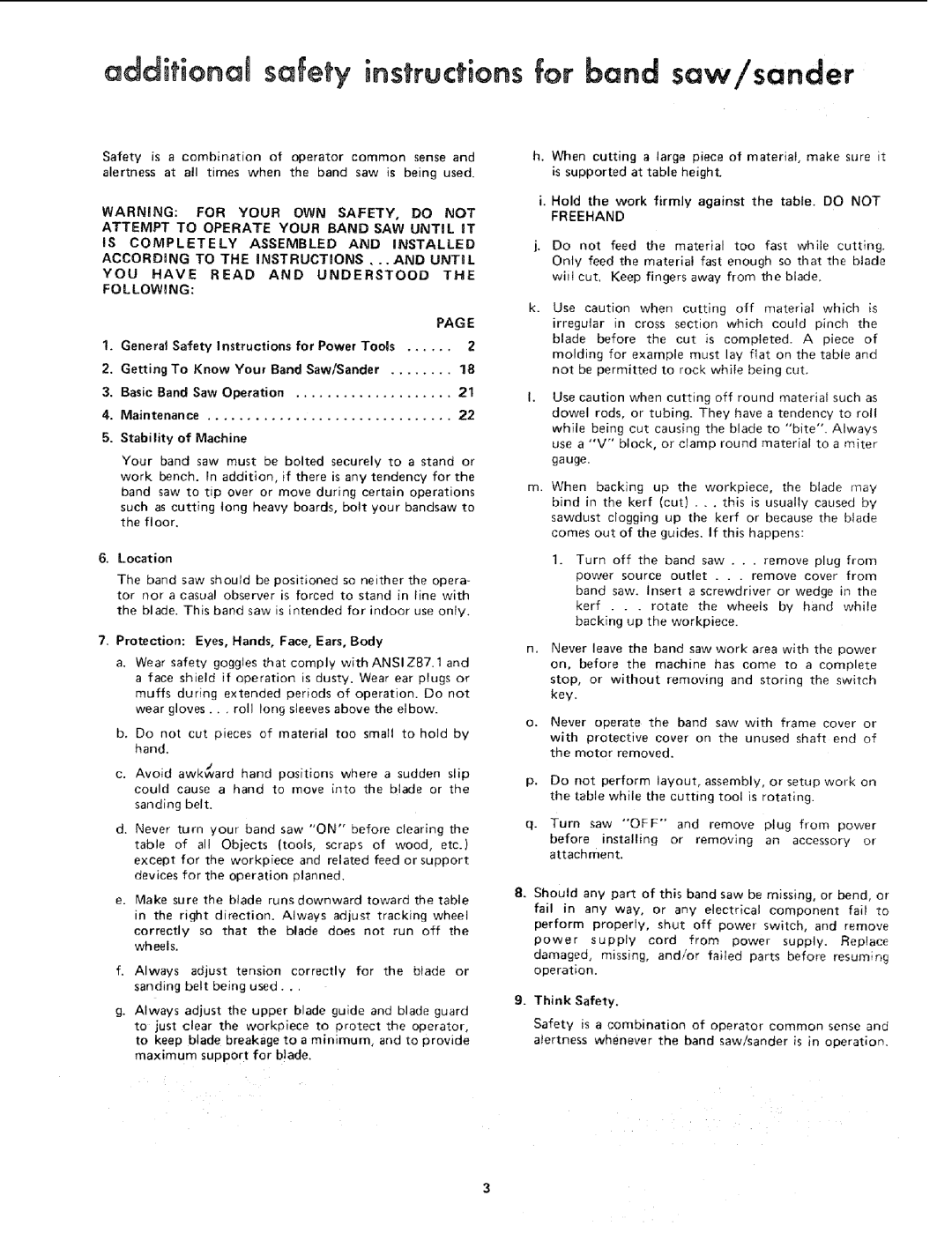 Sears 113.2433 manual Pag E, Location, Protection Eyes, Hands, Face, Ears, Body 