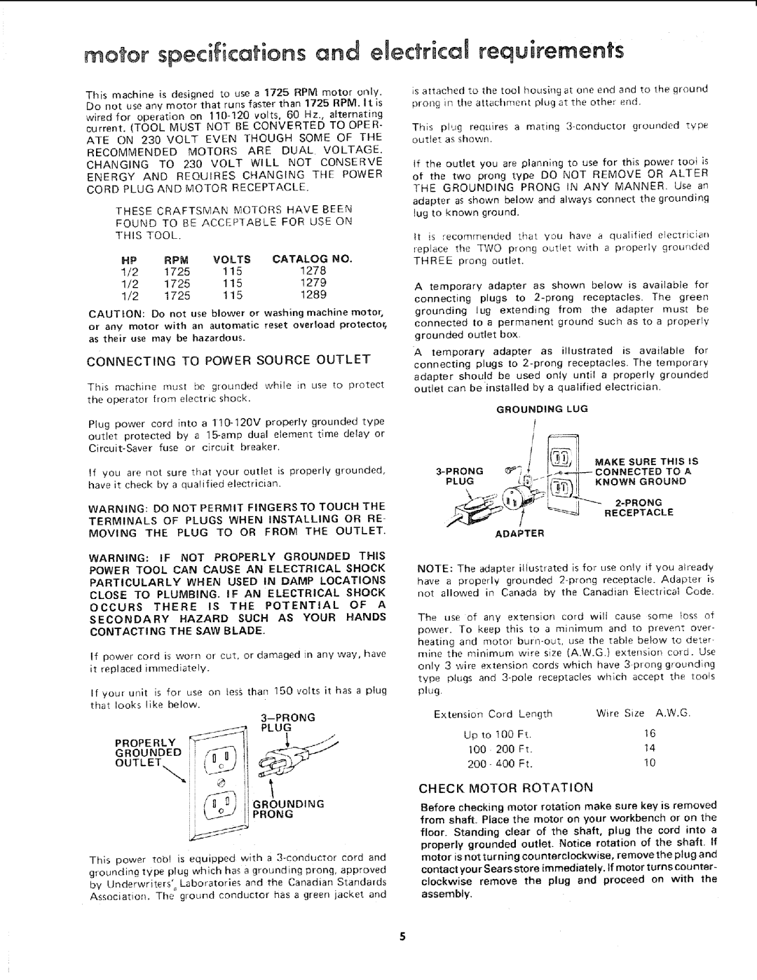 Sears 113.2433 manual Contacting the SAW Blade, Volts Catalog no, This Prong, Prong Receptacle Adapter 