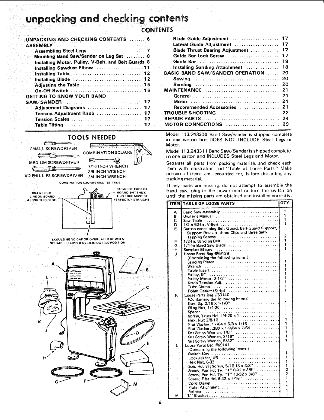 Sears 113.2433 manual Unpackmn g and checking contents 