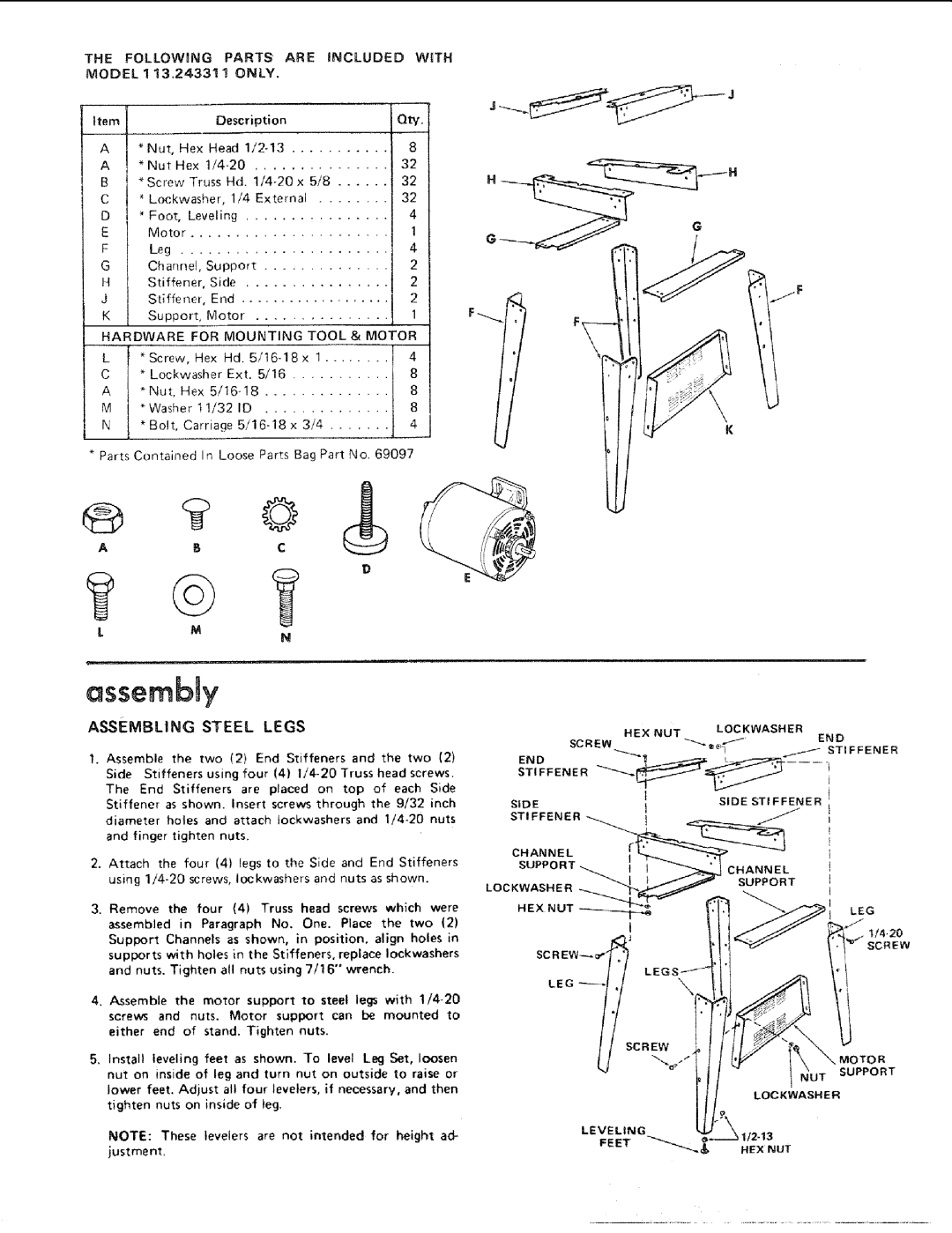 Sears 113.2433 manual Assembling Steel Legs, For Mounting, Abc, Support HEX NUT LEG SCR EW 