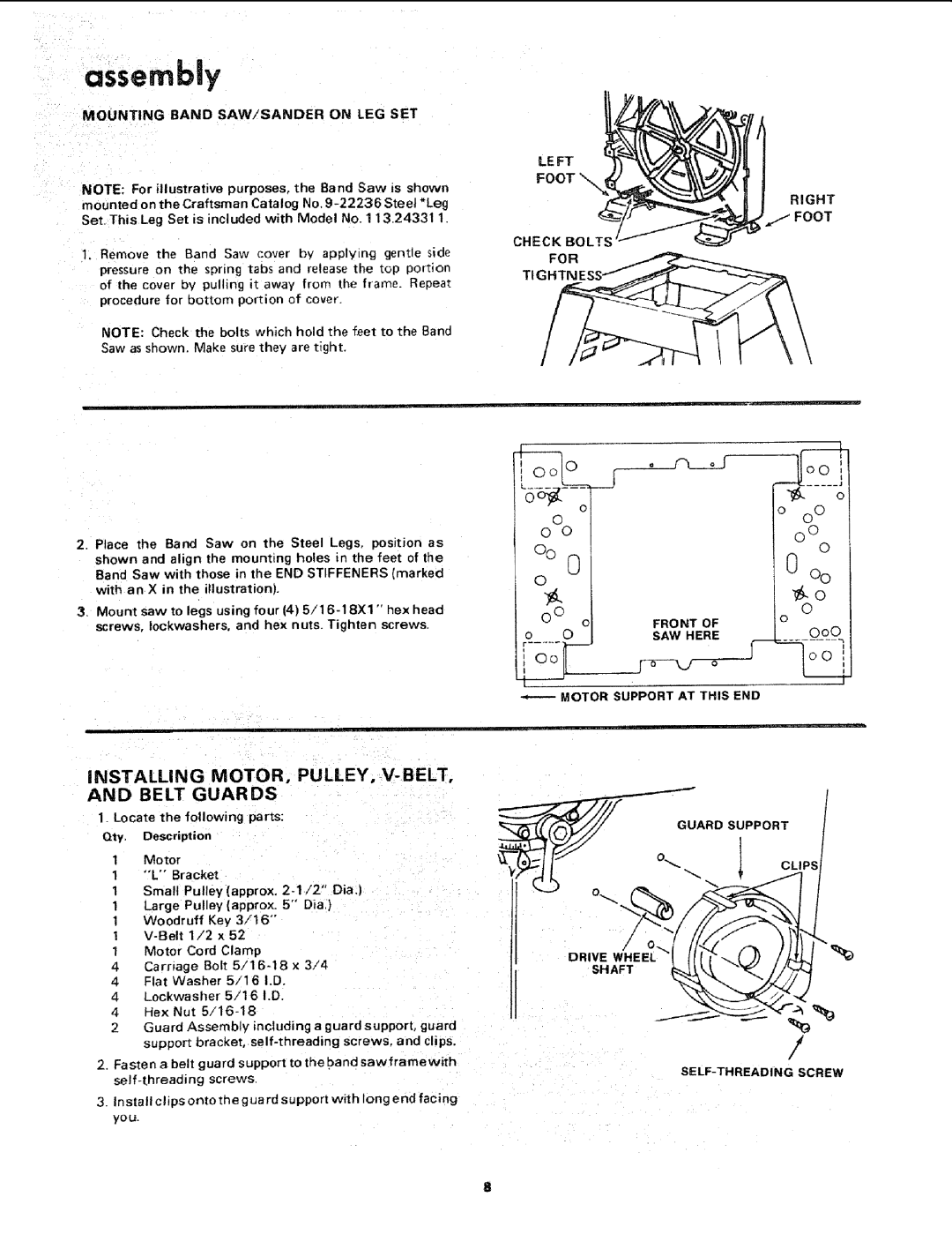 Sears 113.2433 manual Installing Motor, Pulley, V-Belt, Belt Guards, LE FT Foot, Right Foot 