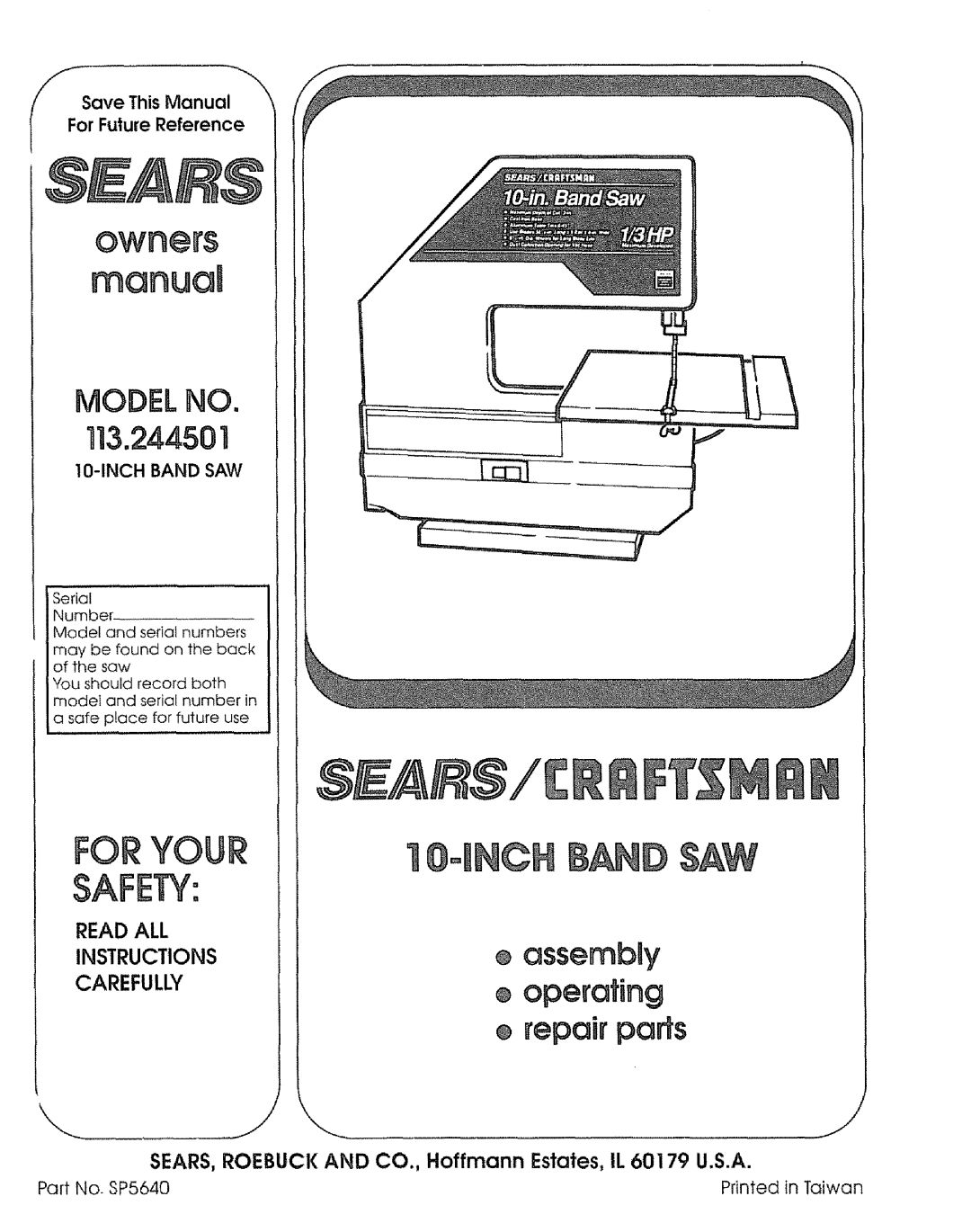 Sears 113.244501 manual Model NO, 113,244501, For Future Reference 