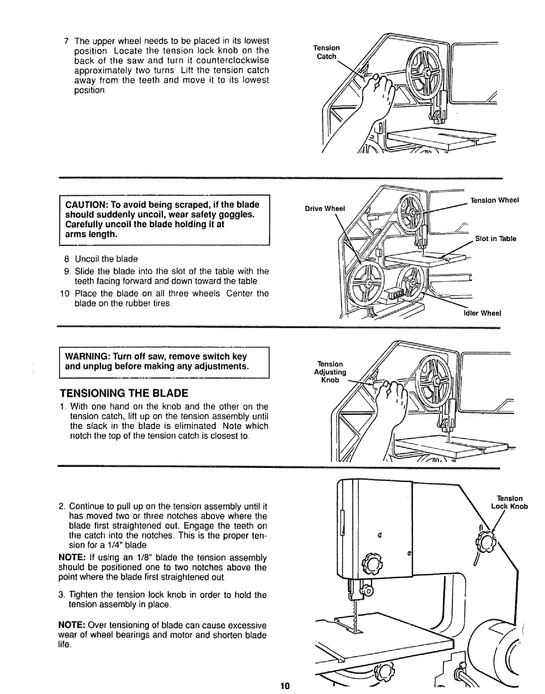 Sears 113.244501 manual Aot..,,ng, Carefully uncoil the blade holding it at arms length, TensionWheel 