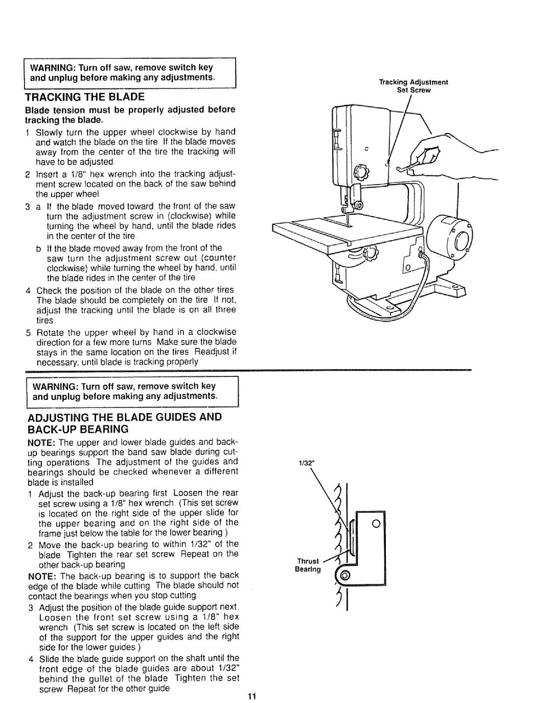 Sears 113.244501 Tracking the Blade, Adjusting the Blade Guides and BACK-UP Bearing, Unplug before making any adjustments 