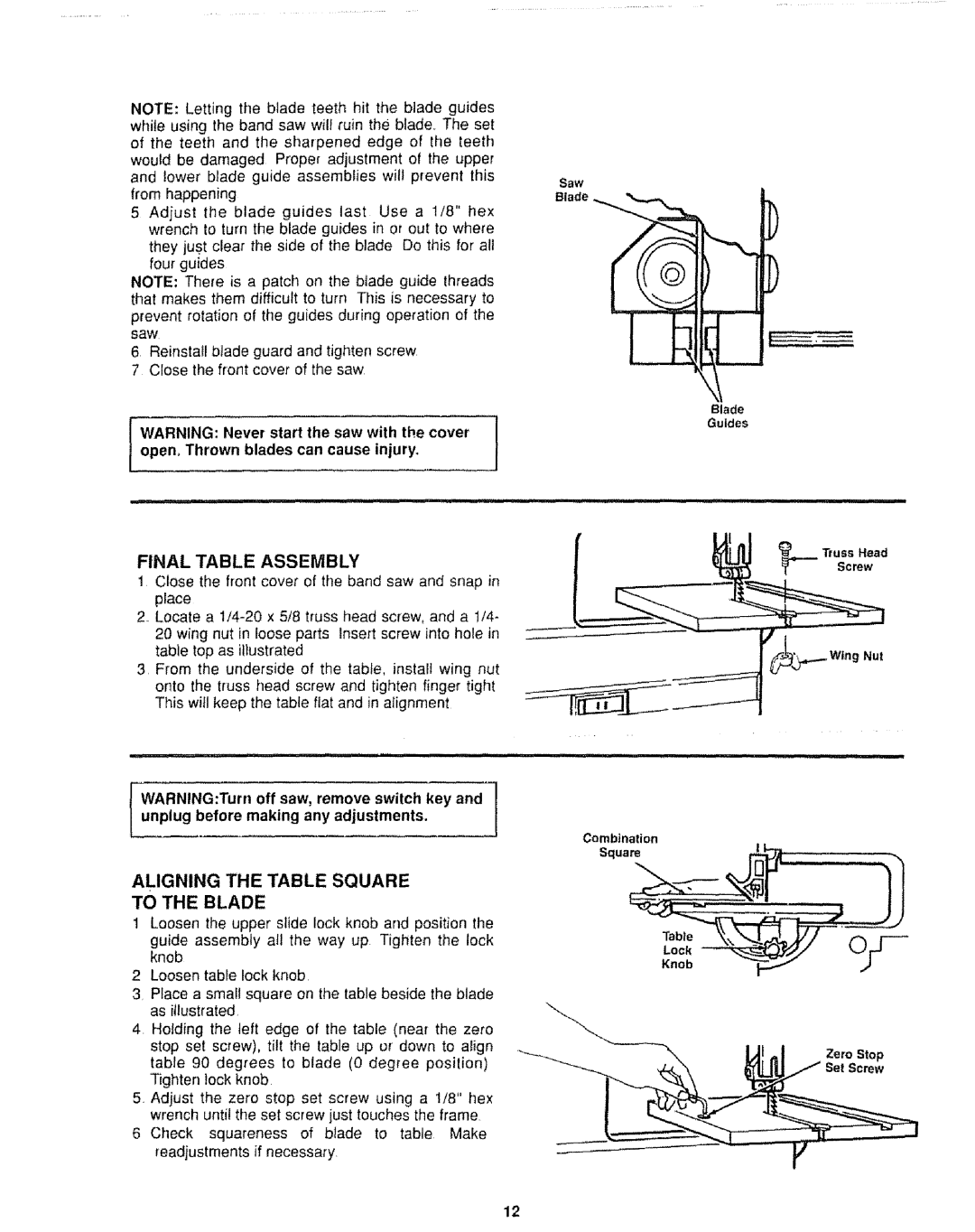 Sears 113.244501 manual Final Table Assembly, Aligning the Table Square To the Blade, Pen. Thrown blades can cause injury 