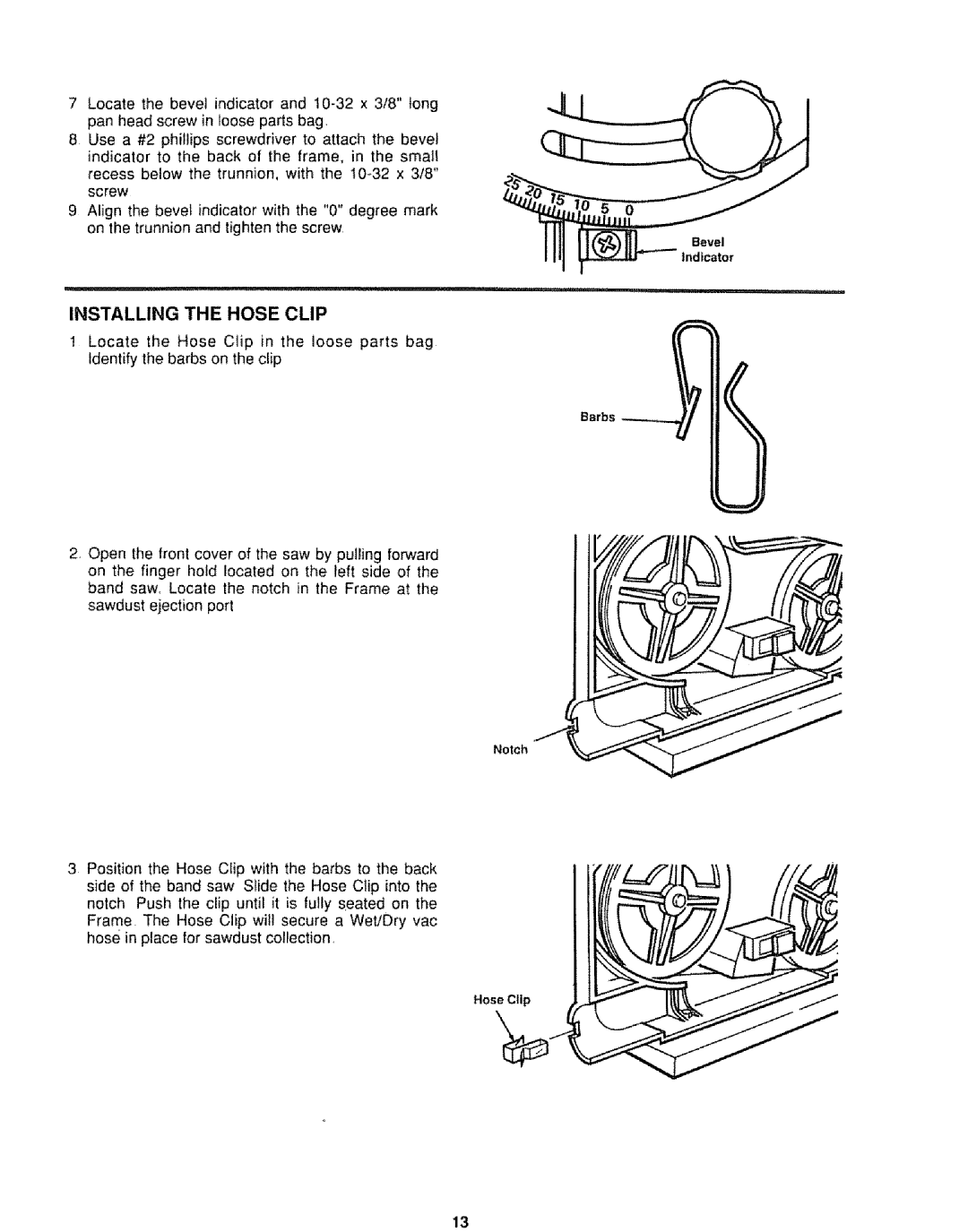 Sears 113.244501 manual Dlc o, Installing the Hose Clip 